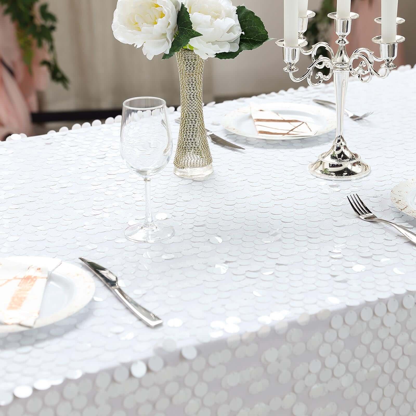Exclusive Seamless White Sequin Tablecloth, 90x156 Rectangle