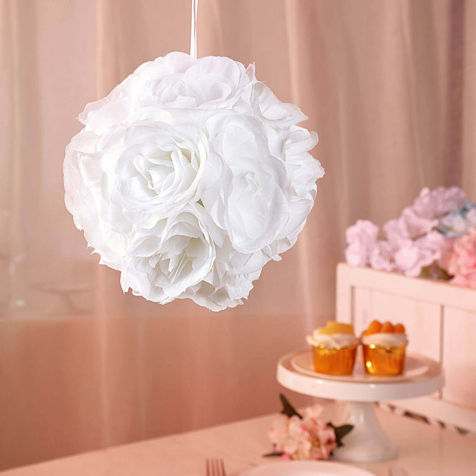 2-Pack Set of 7-Inch White Artificial Silk Rose Kissing Faux Flower Balls