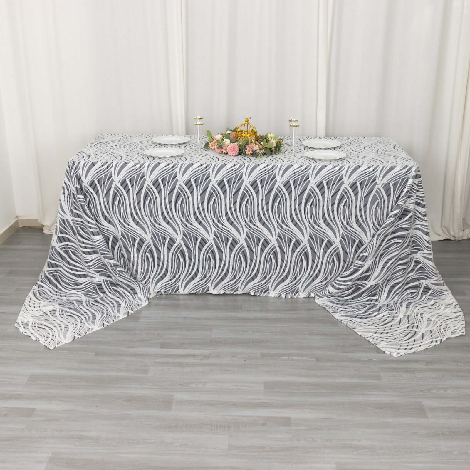 Sparkly Wave Sequin Embroidered White & Black Mesh Rectangle Tablecloth 90x156