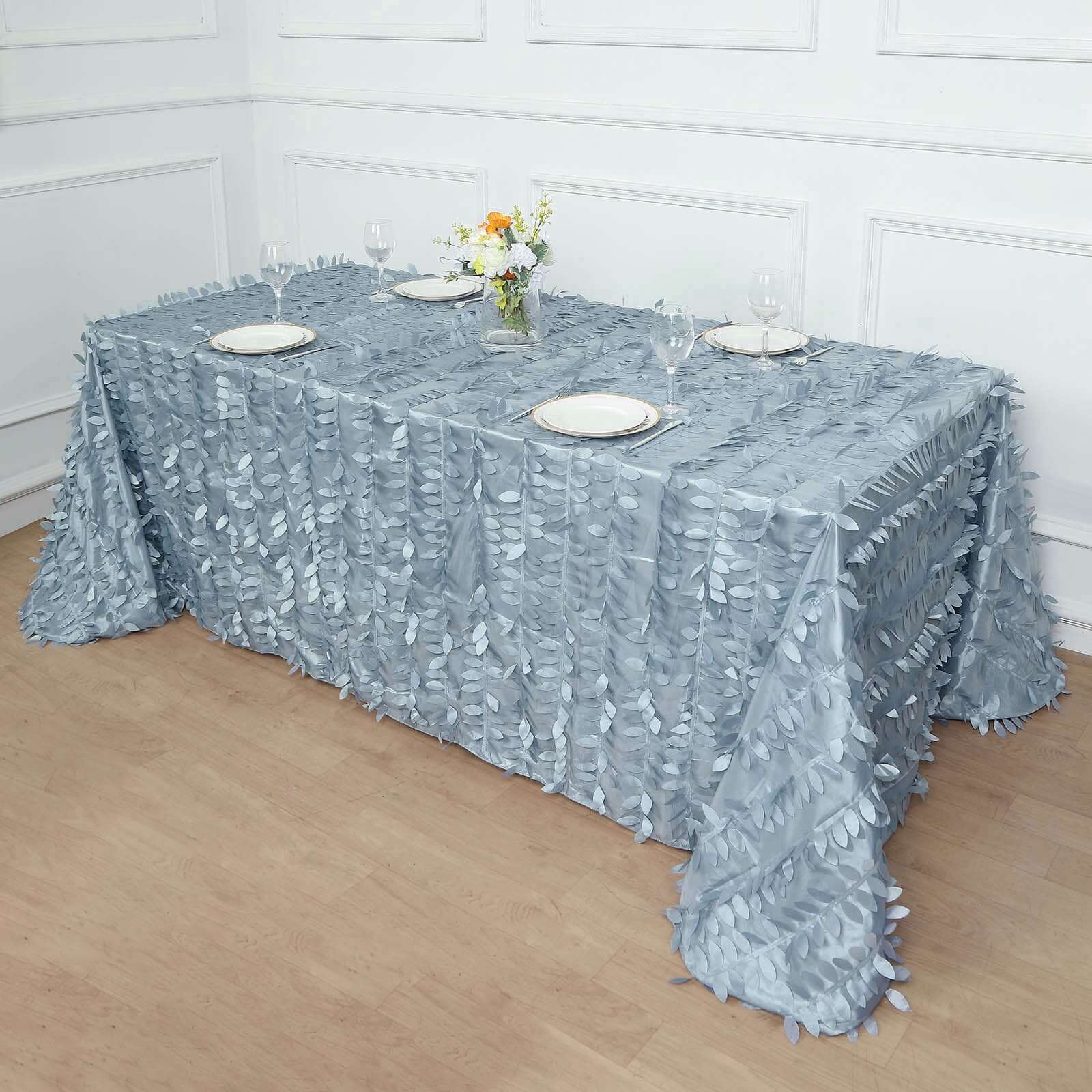 Exclusive Dusty Blue Taffeta Rectangle Tablecloth with 3D Leaf Petal Design