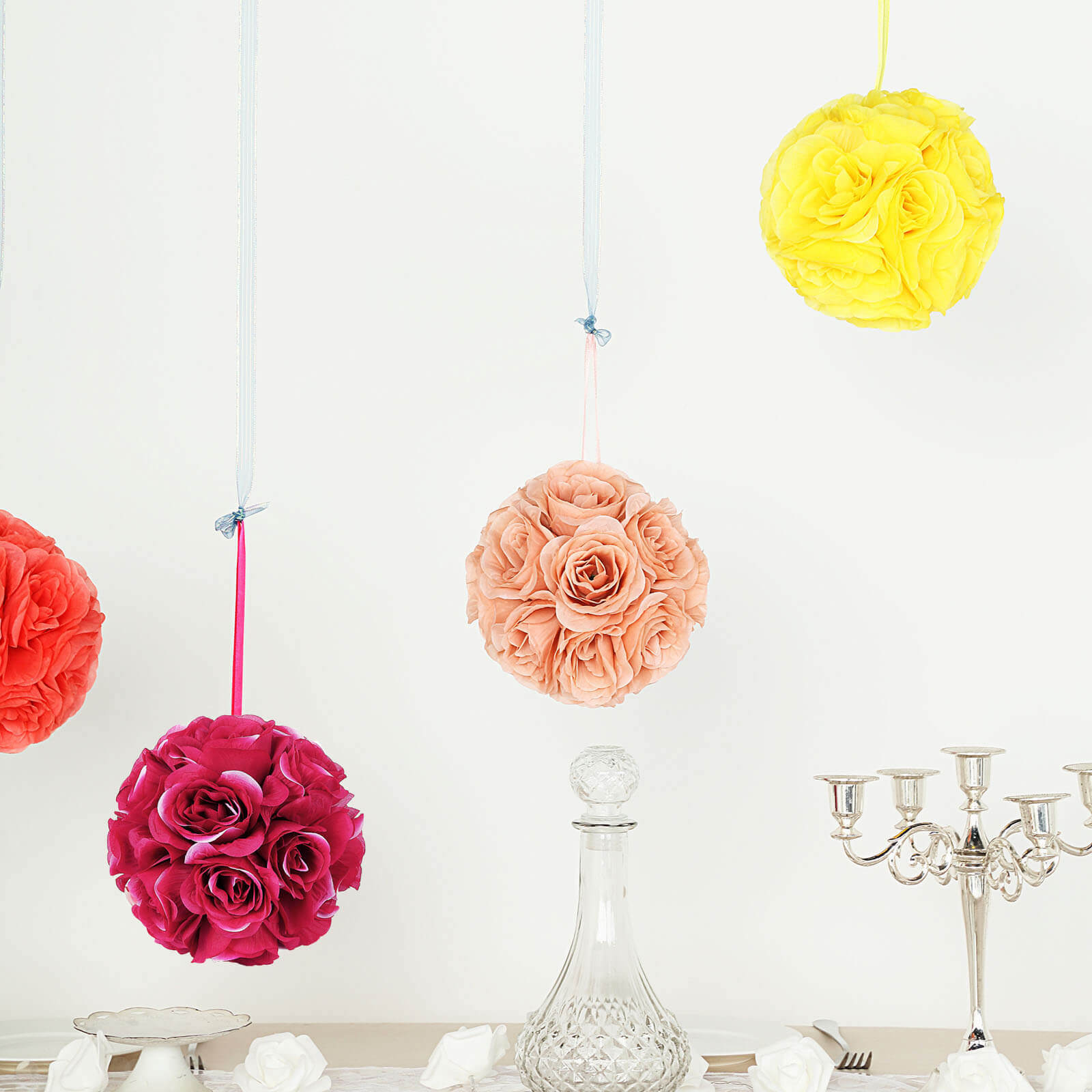 2-Pack 7-Inch Fuchsia Artificial Silk Rose Kissing Flower Balls for Decor