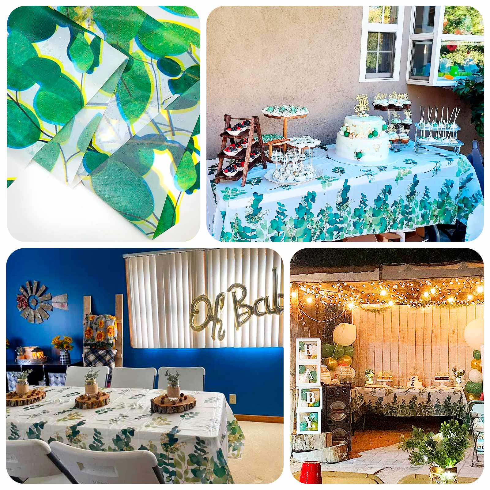 Hot Deal! 5-Pack Disposable PVC Plastic Table Covers in White/Green with Eucalyptus Print, 54x108
