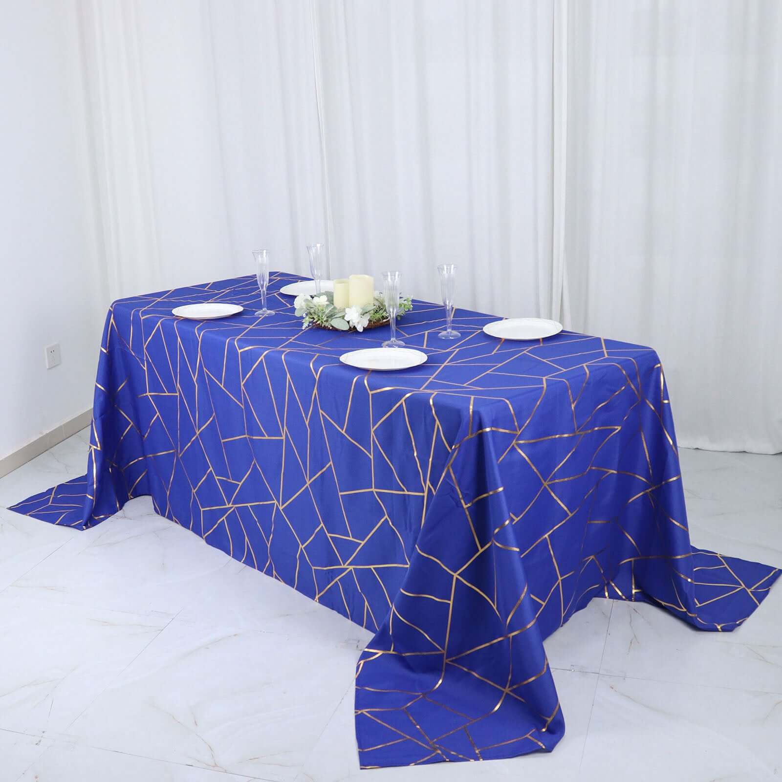 Royal Blue Polyester Tablecloth with Gold Foil Geometric Pattern - Wrinkle-Resistant for Events