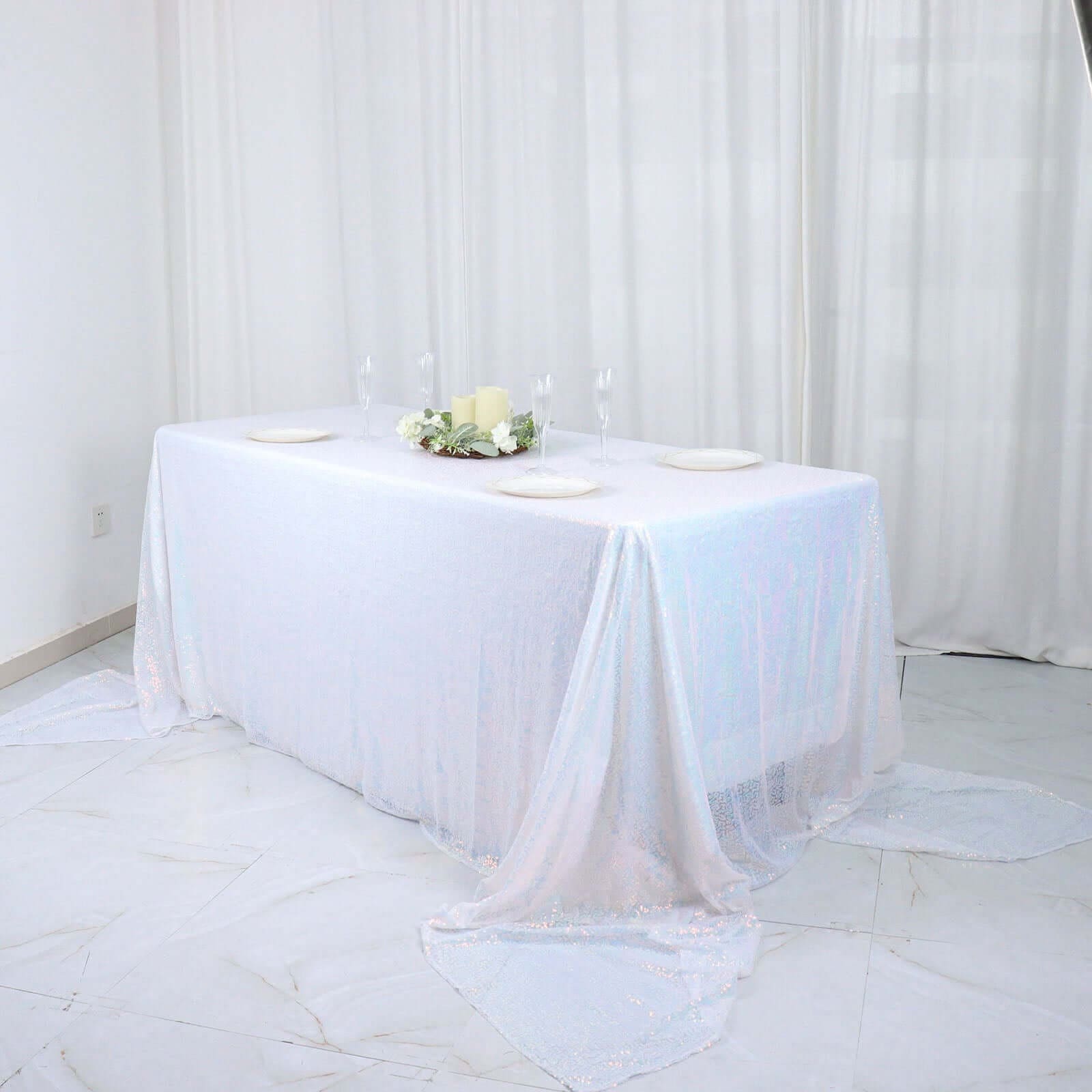 Exclusive Iridescent Blue Sequin Rectangle Tablecloth - 90x156 Seamless Twinkling Table Cover