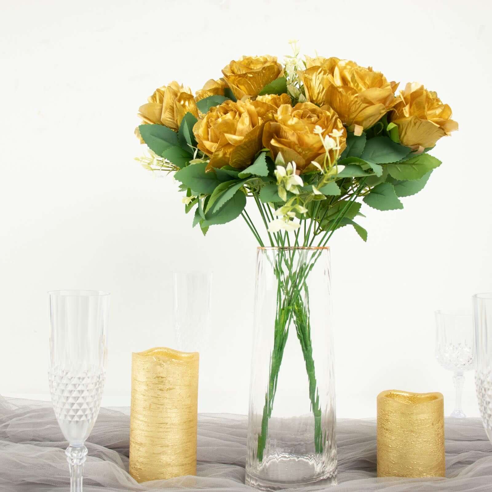 2 Bushes of 18 Realistic Touch Gold Silk Artificial Rose Flower Bouquets with Long Stems