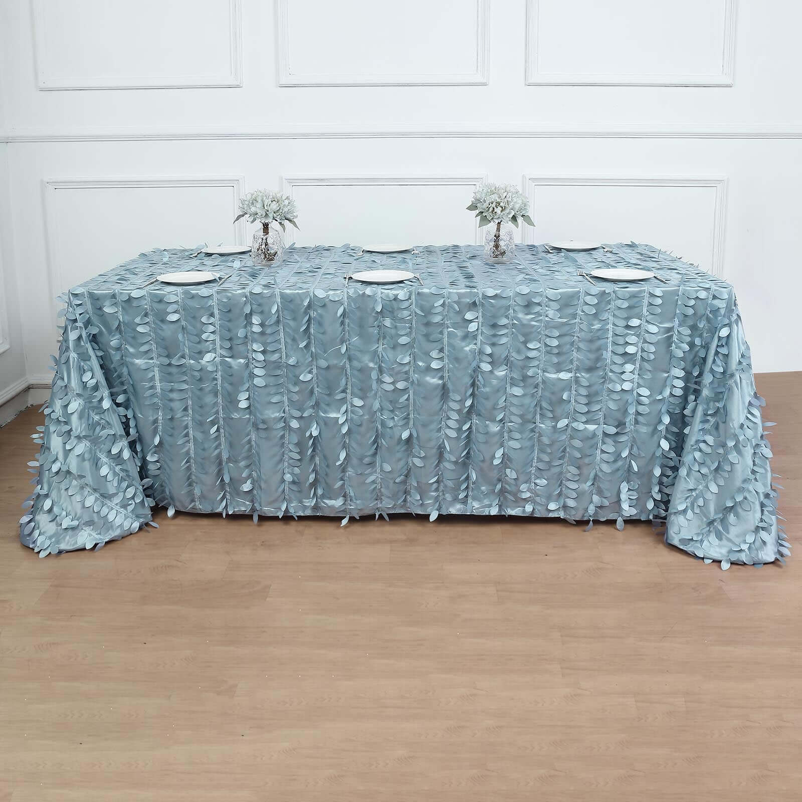Hot Sale! Dusty Blue Taffeta 90x132 Rectangle Tablecloth with 3D Leaf Petal Design