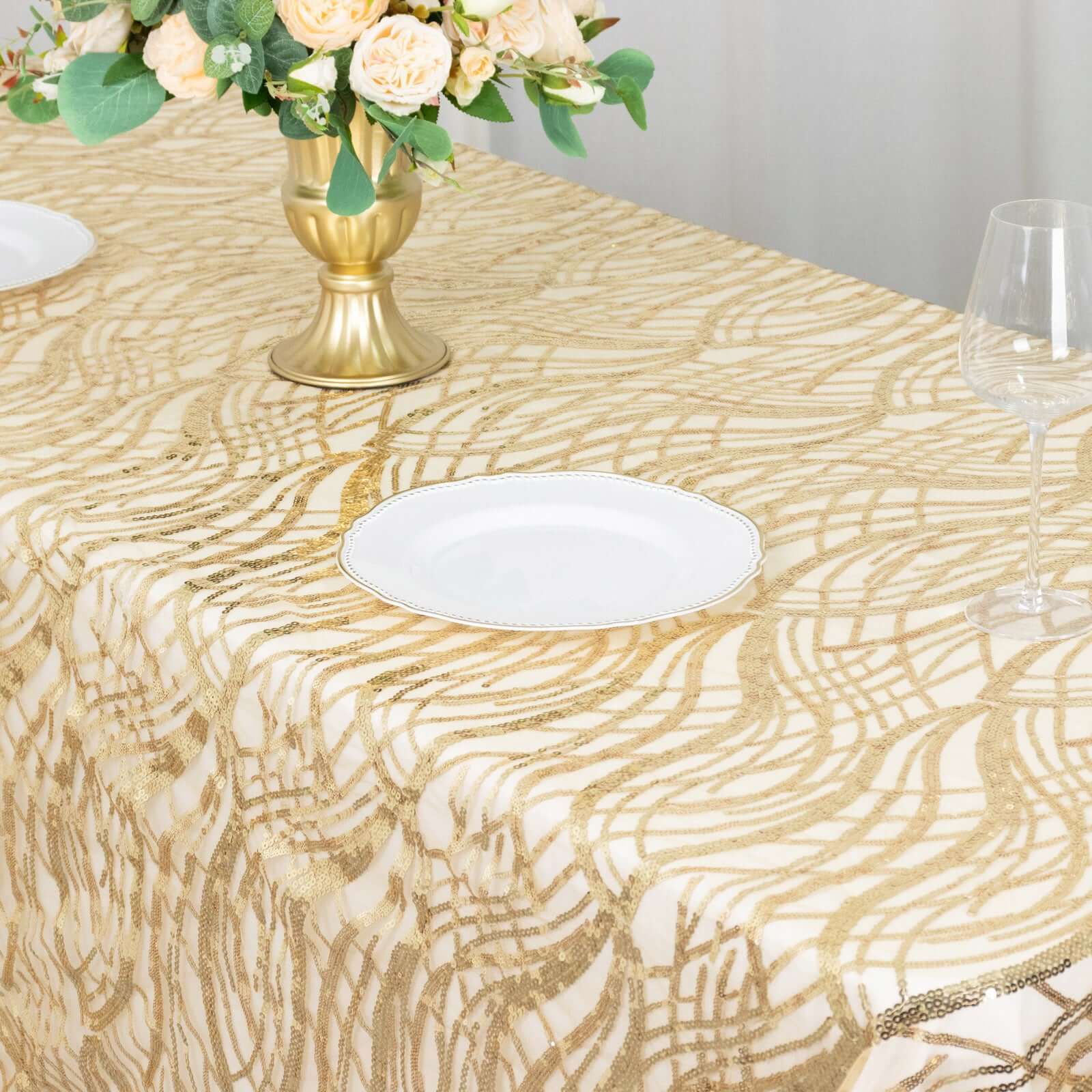Champagne Sequin-Embroidered Mesh Rectangle Tablecloth 90x156 with Wave Pattern