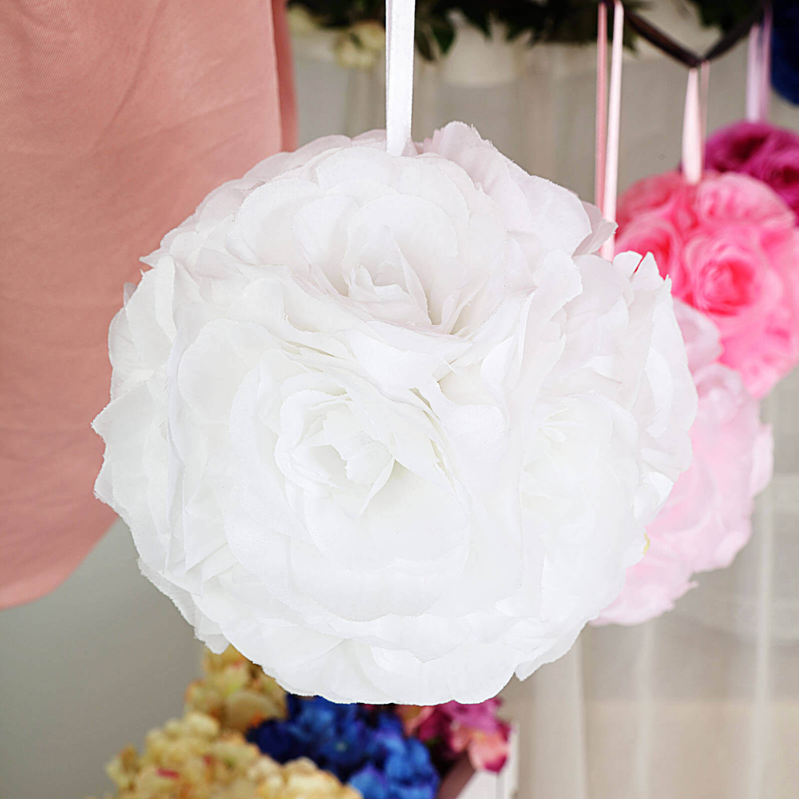 2-Pack Set of 7-Inch White Artificial Silk Rose Kissing Faux Flower Balls