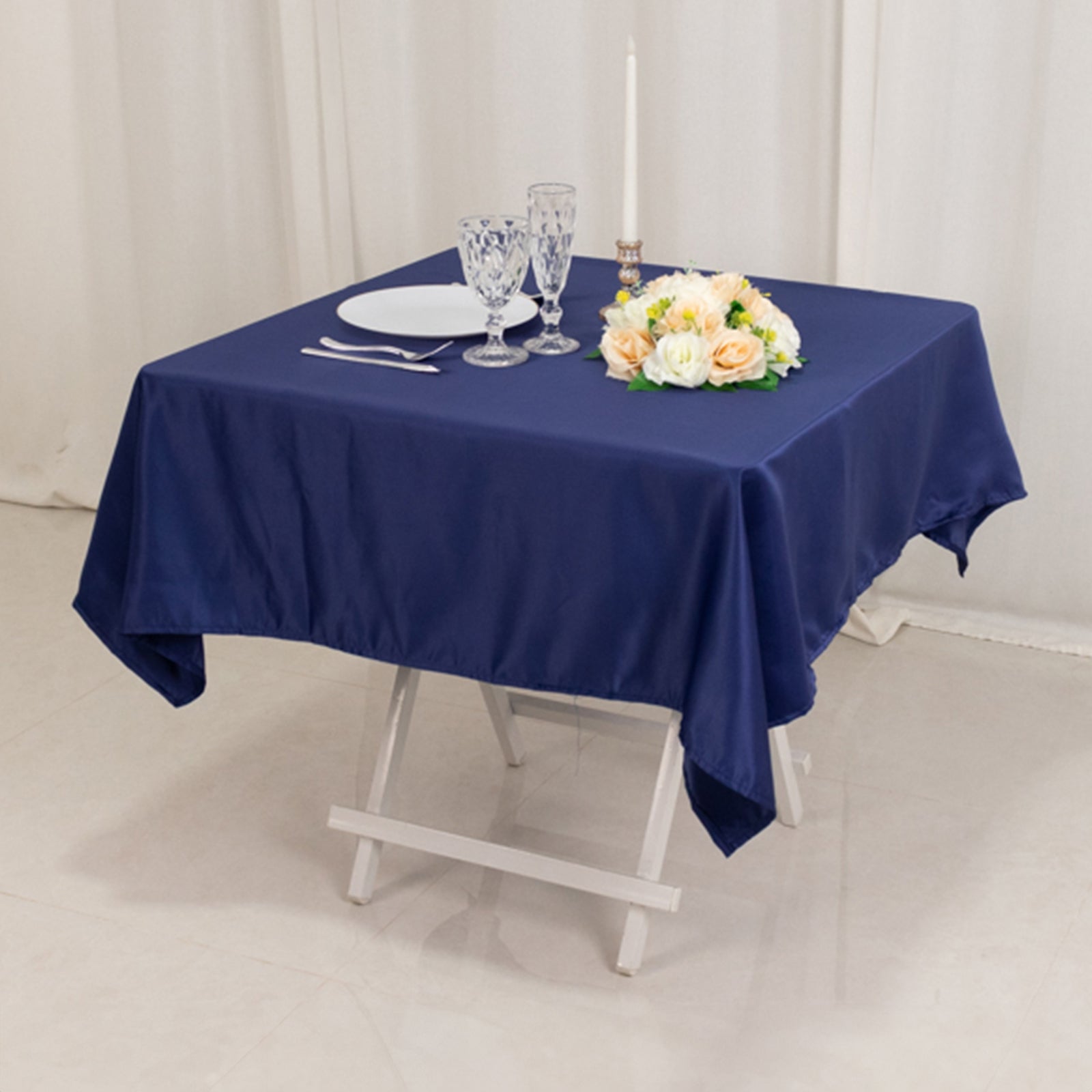 Navy Blue Lamour Satin 54x54 Square Table Overlay - Durable Silk-Like Tablecloth