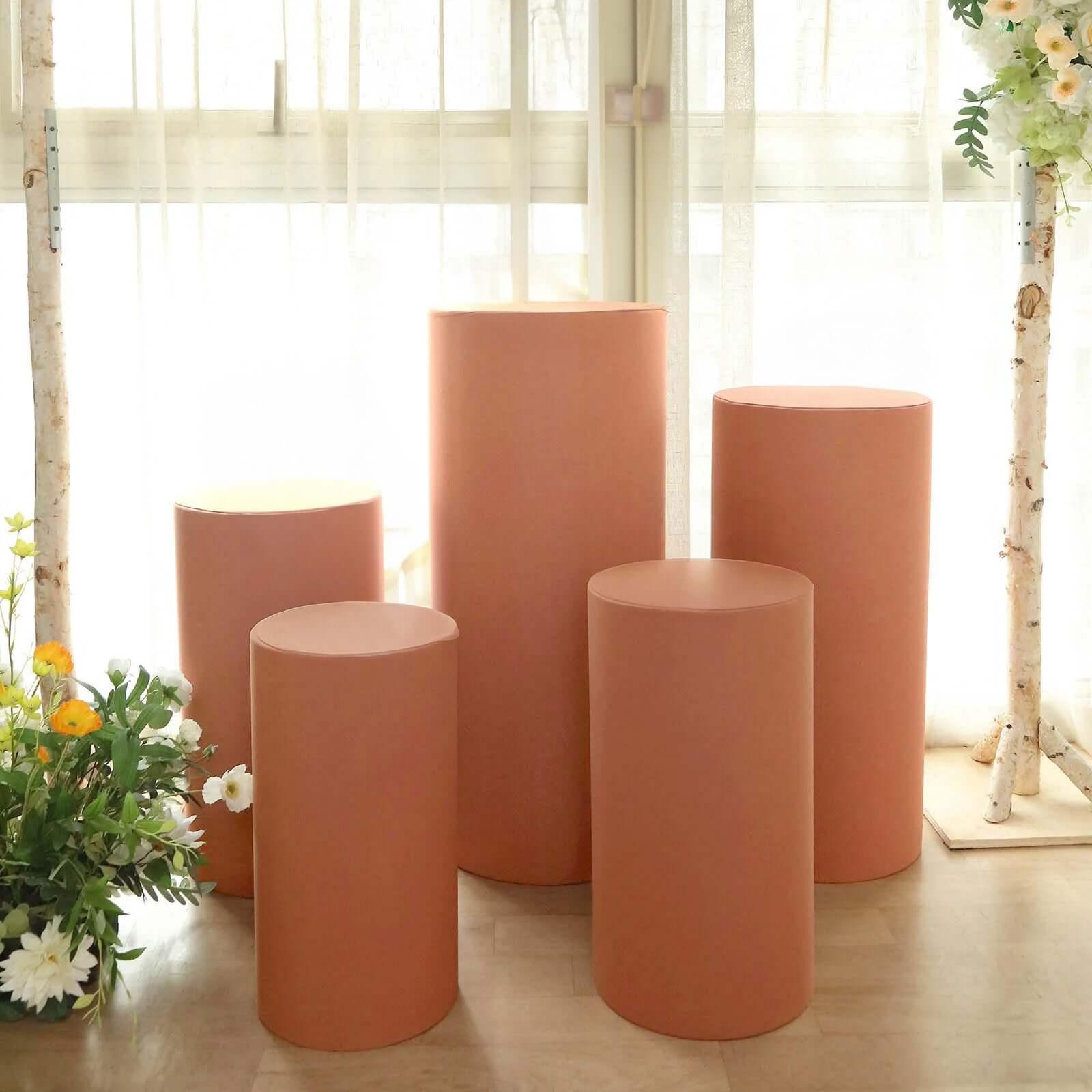 5-Piece Terracotta Spandex Cylinder Pedestal Stand Covers, 160 GSM - Great for Decor!