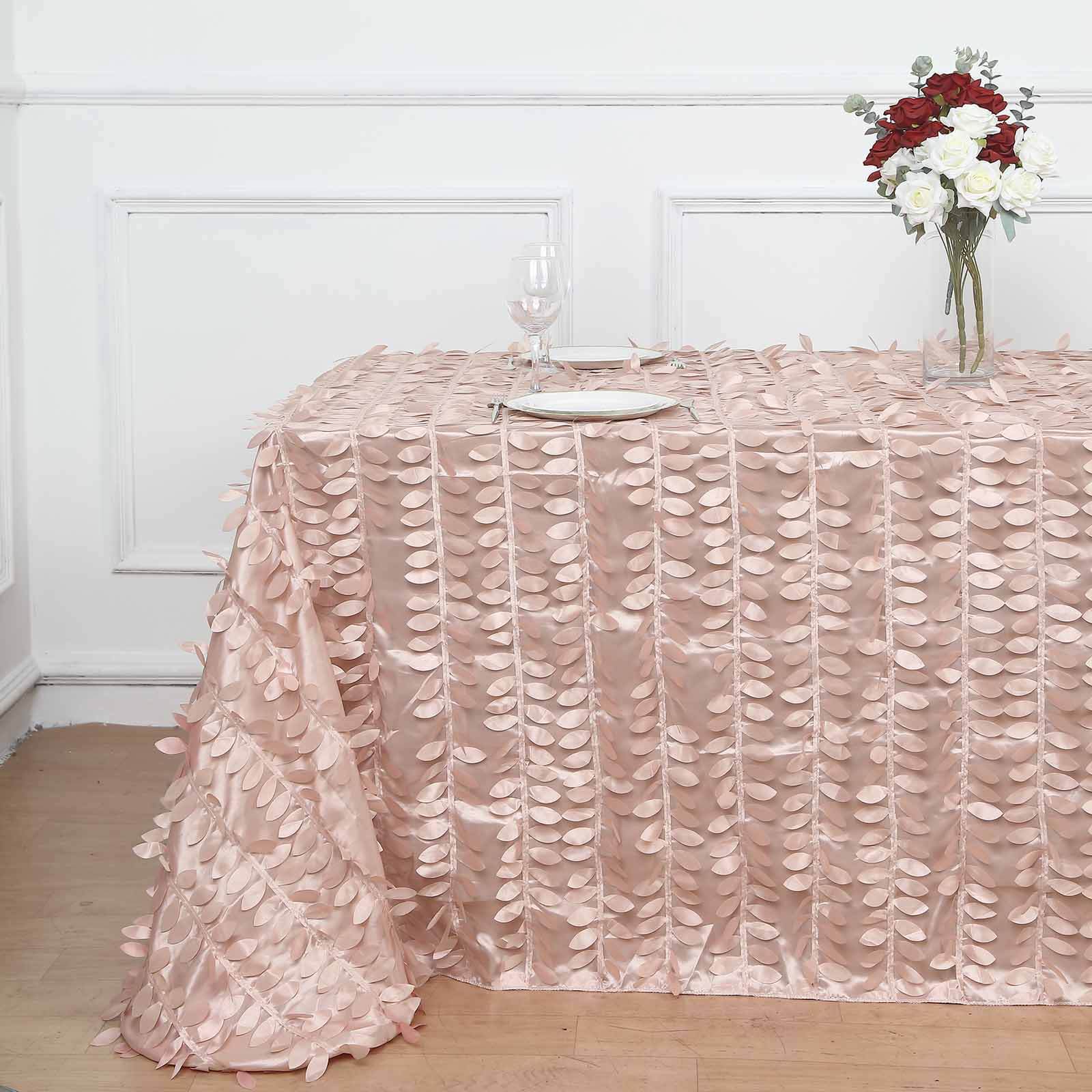 Dusty Rose Taffeta Rectangle Tablecloth 90x132 with 3D Seamless Leaf Petal Design