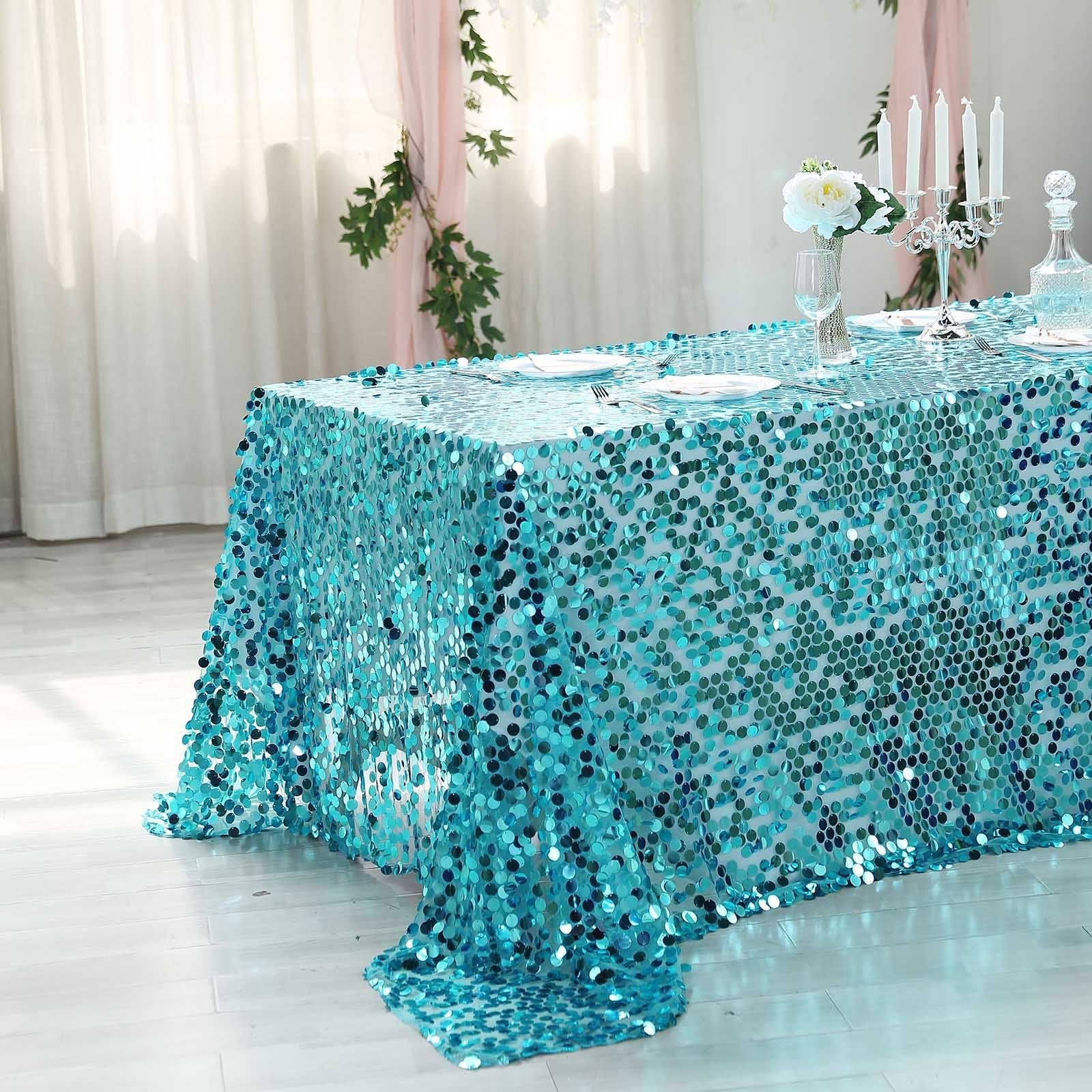 Turquoise Seamless 90x132 Rectangle Sequin Tablecloth for Big Payette Tables