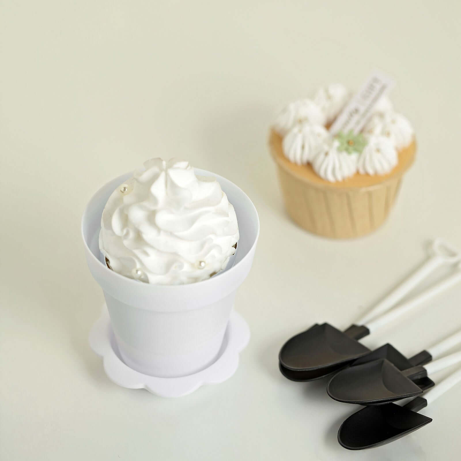 12-Piece White Plastic Dessert Cups with Succulent Planter Design, Lids and Shovels