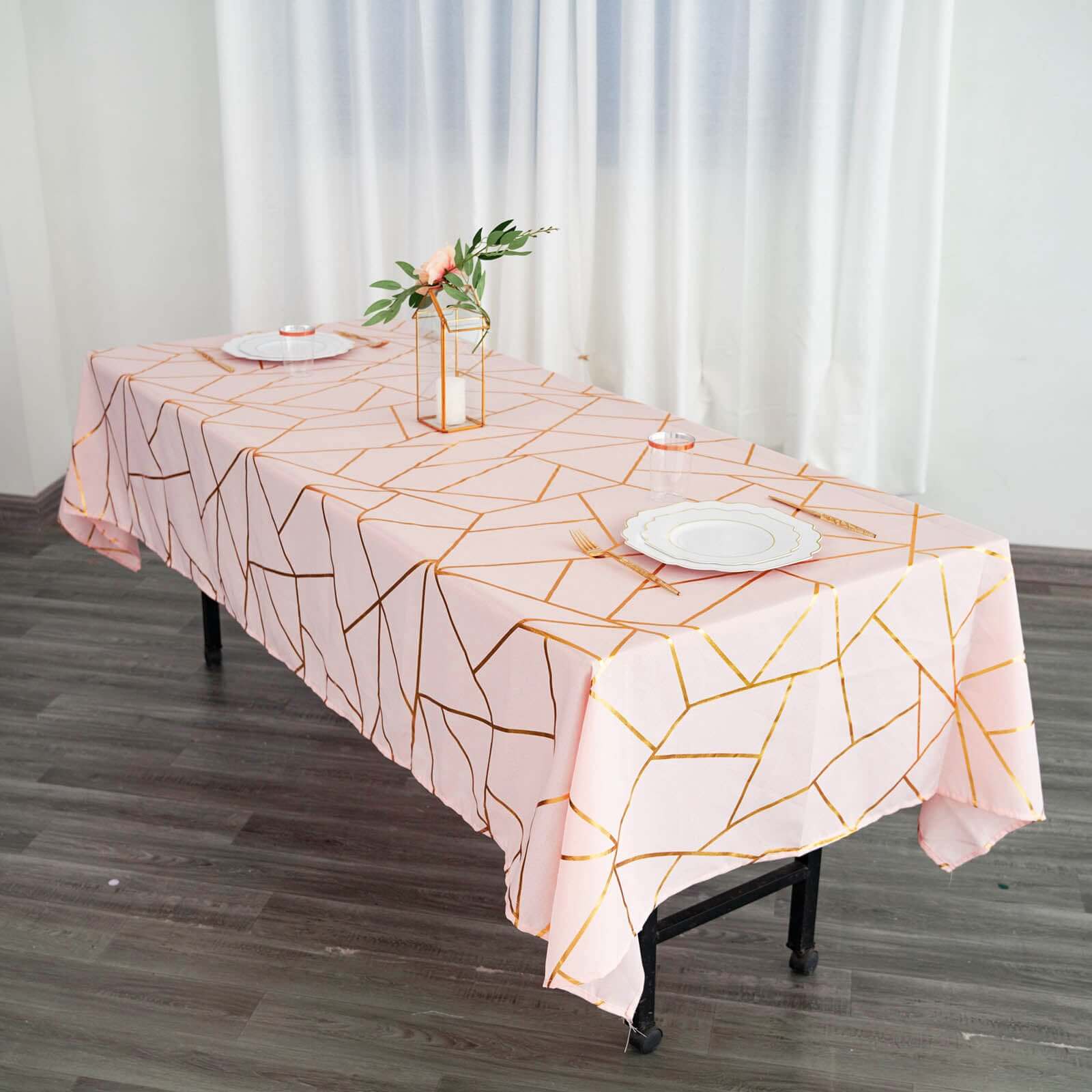Wrinkle-Resistant & Durable Polyester Tablecloth: Blush with Gold Foil Geometric Pattern (60x102)