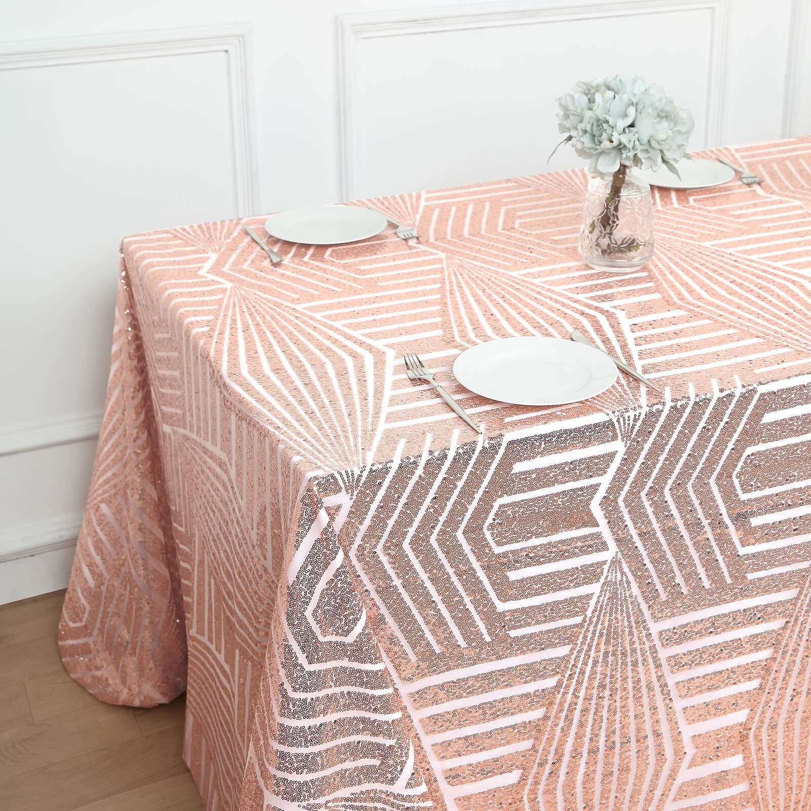 Hot Sale! Rose Gold Sequin Rectangle Tablecloth with Diamond Pattern, 90x132 Size