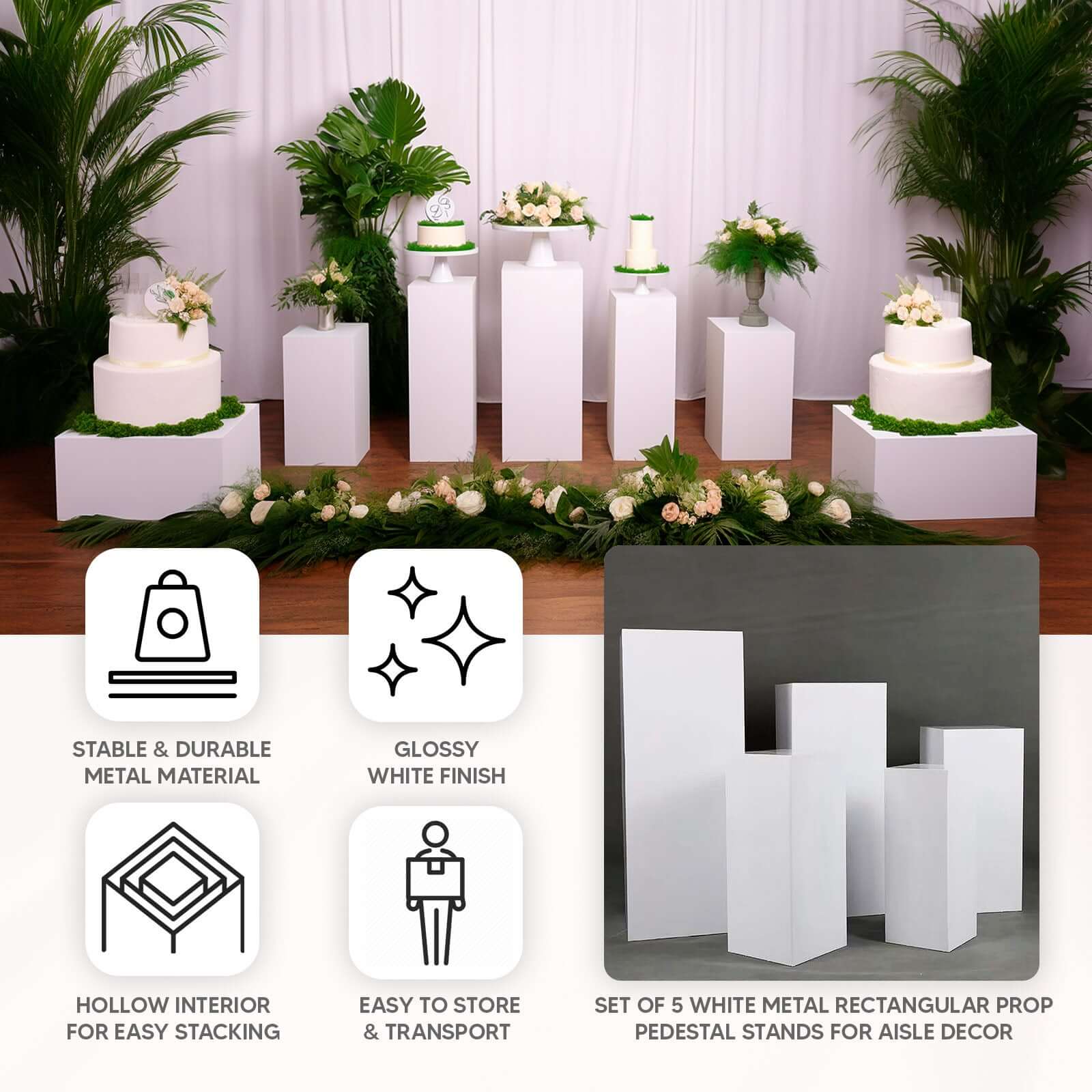 Set of 5 White Rectangular Metal Pedestal Stands for Backdrop Decor