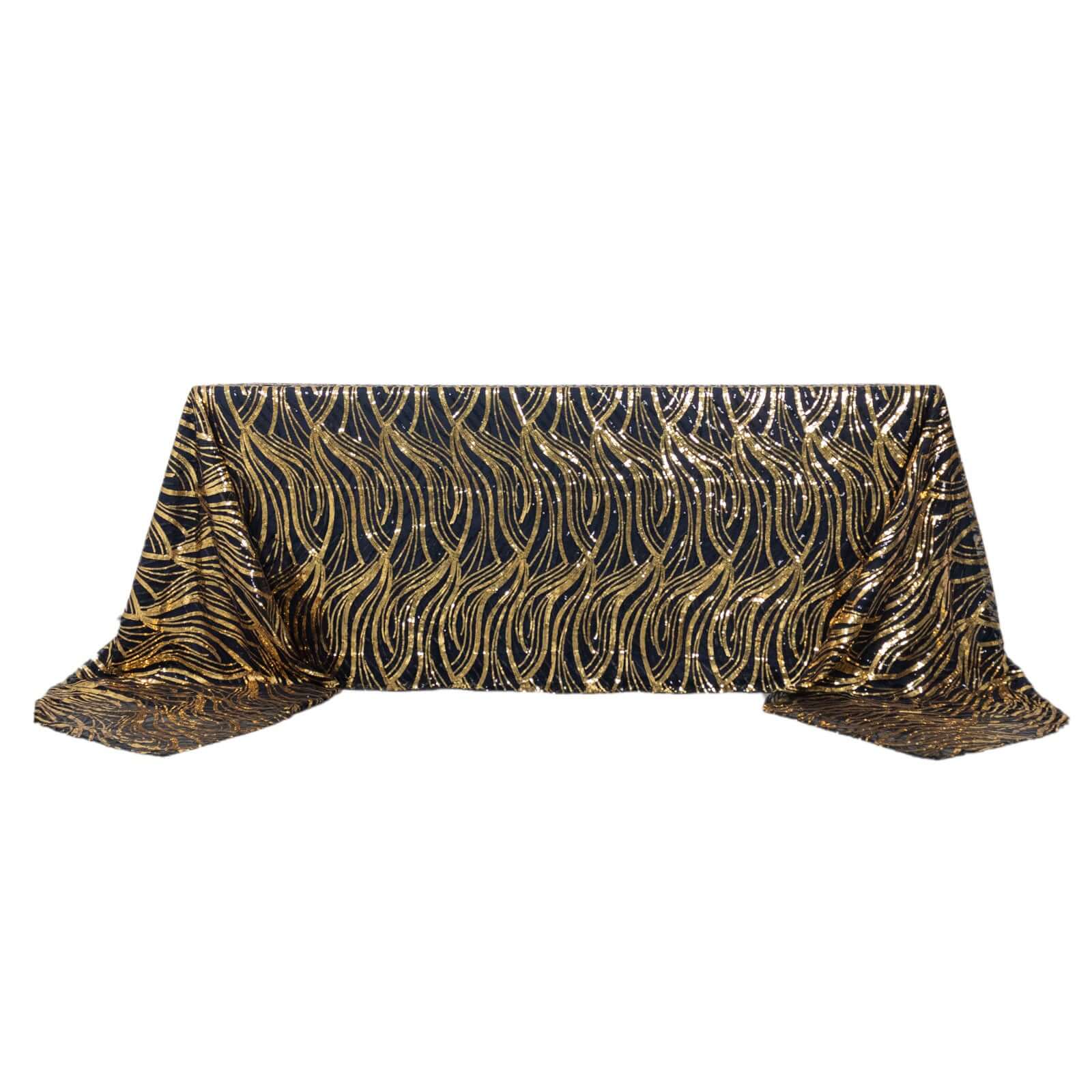 Black/Gold Sparkly Wave Sequin Embroidered Mesh Rectangle Tablecloth 90x156