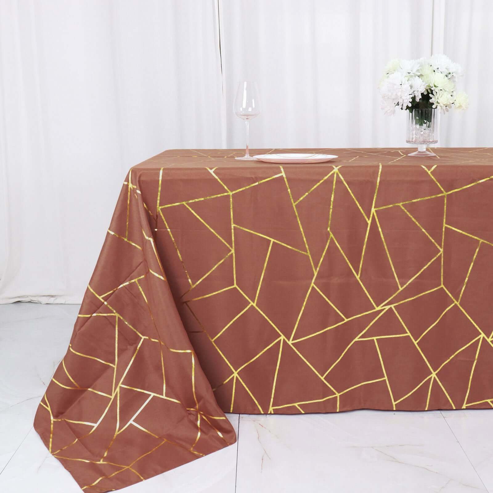Wrinkle-Resistant Seamless Polyester Tablecloth: Terracotta with Gold Foil Geometric Pattern (90x132) - Ideal for Events
