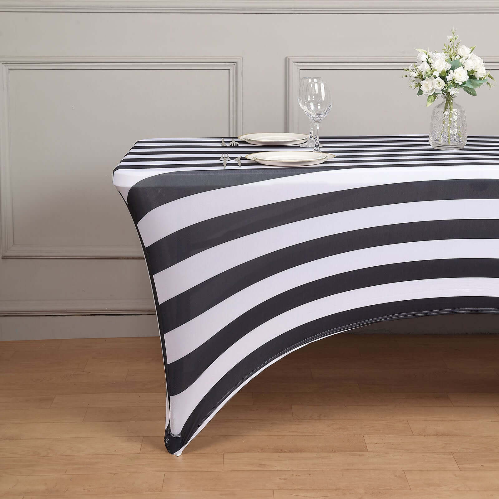 Exclusive Durable 8ft Stretch Spandex Rectangle Tablecloth with Black/White Vertical Stripes for Events