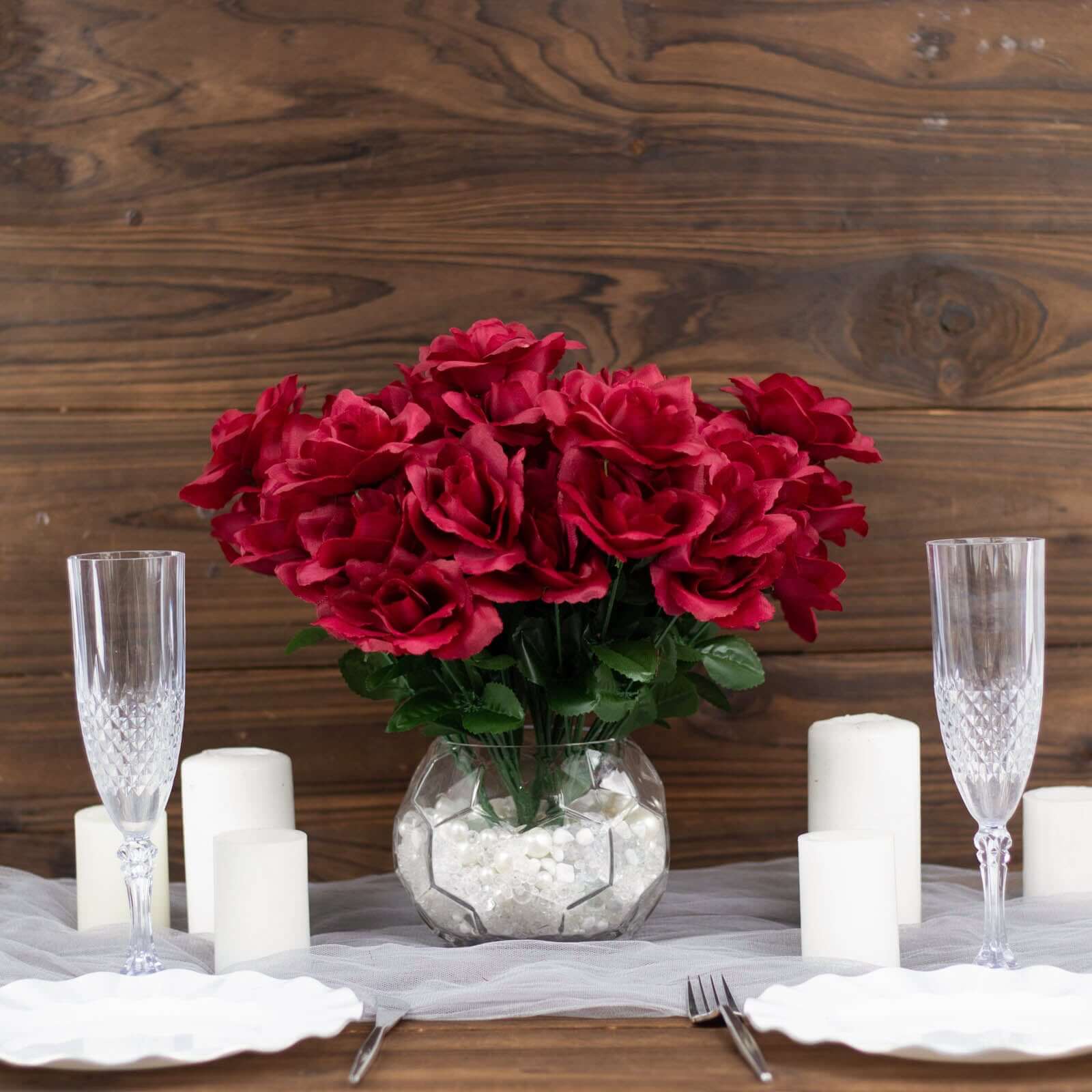 12 Bushes of Premium Burgundy Artificial Silk Rose Flowers, 84 Roses in Total