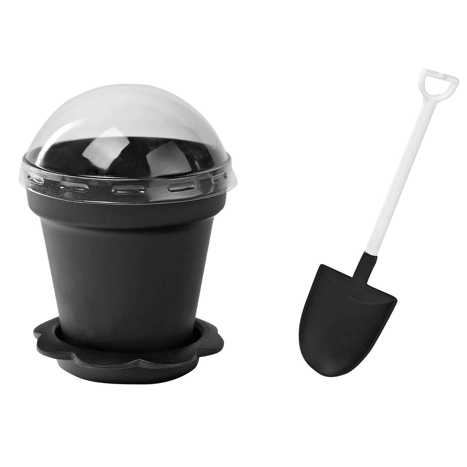 12-Pack Black Plastic Dessert Cups with Succulent Planter Design, Lids & Shovels