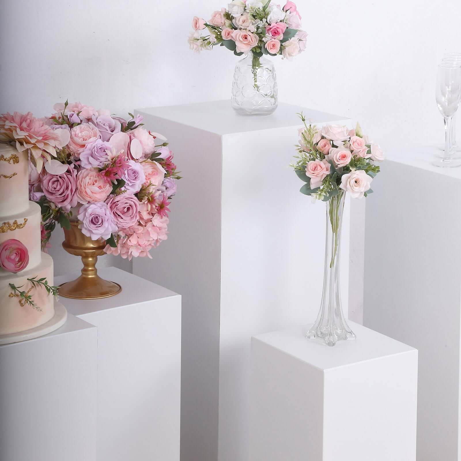 Set of 5 White Rectangular Metal Pedestal Stands for Backdrop Decor