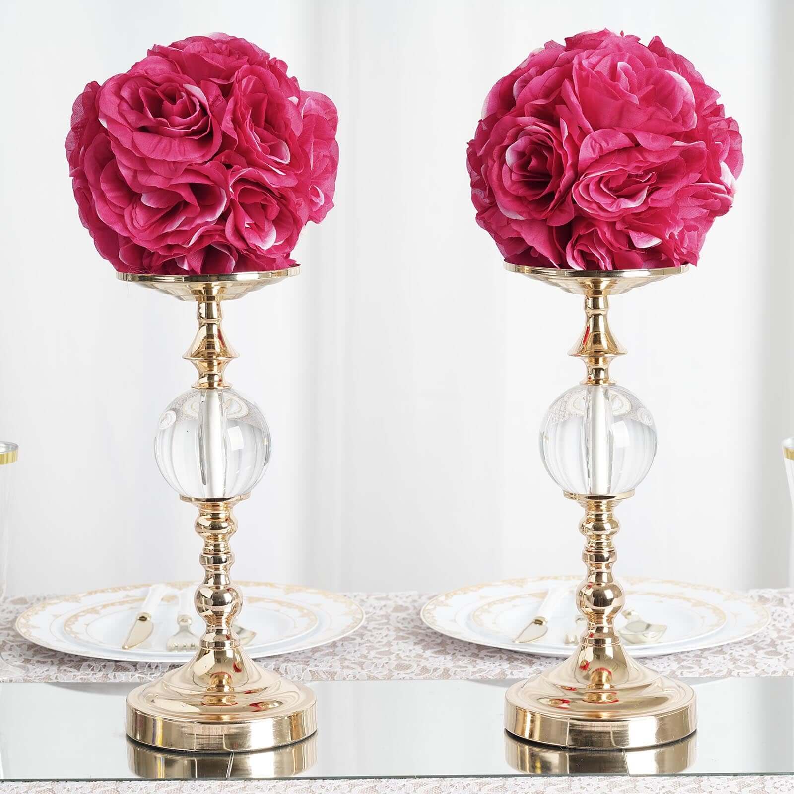 2-Pack 7-Inch Fuchsia Artificial Silk Rose Kissing Flower Balls for Decor