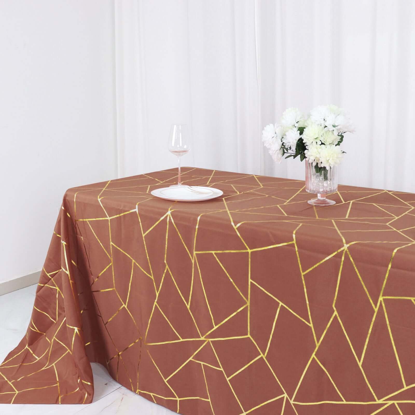 Wrinkle-Resistant Seamless Polyester Tablecloth: Terracotta with Gold Foil Geometric Pattern (90x132) - Ideal for Events