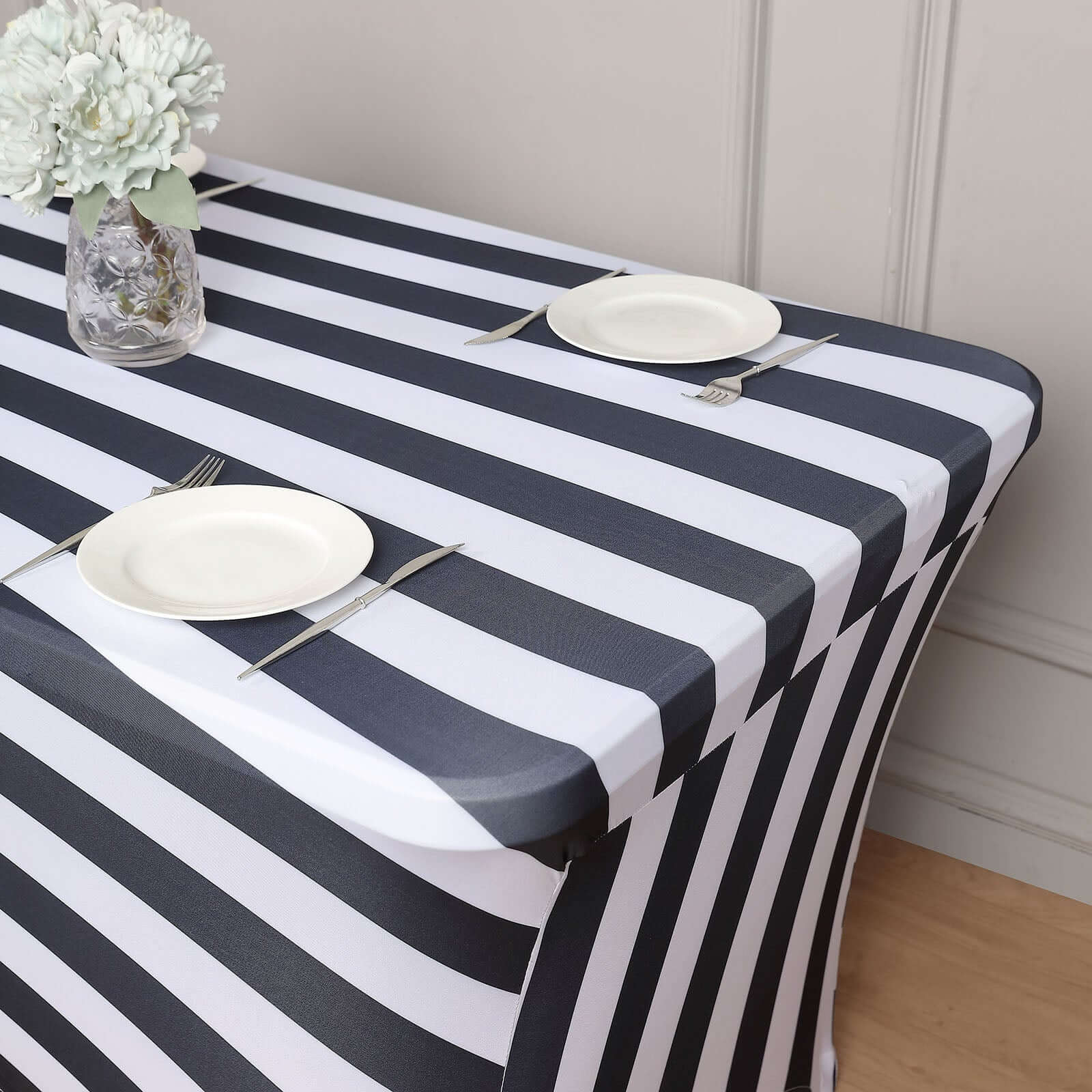 Exclusive Durable 8ft Stretch Spandex Rectangle Tablecloth with Black/White Vertical Stripes for Events