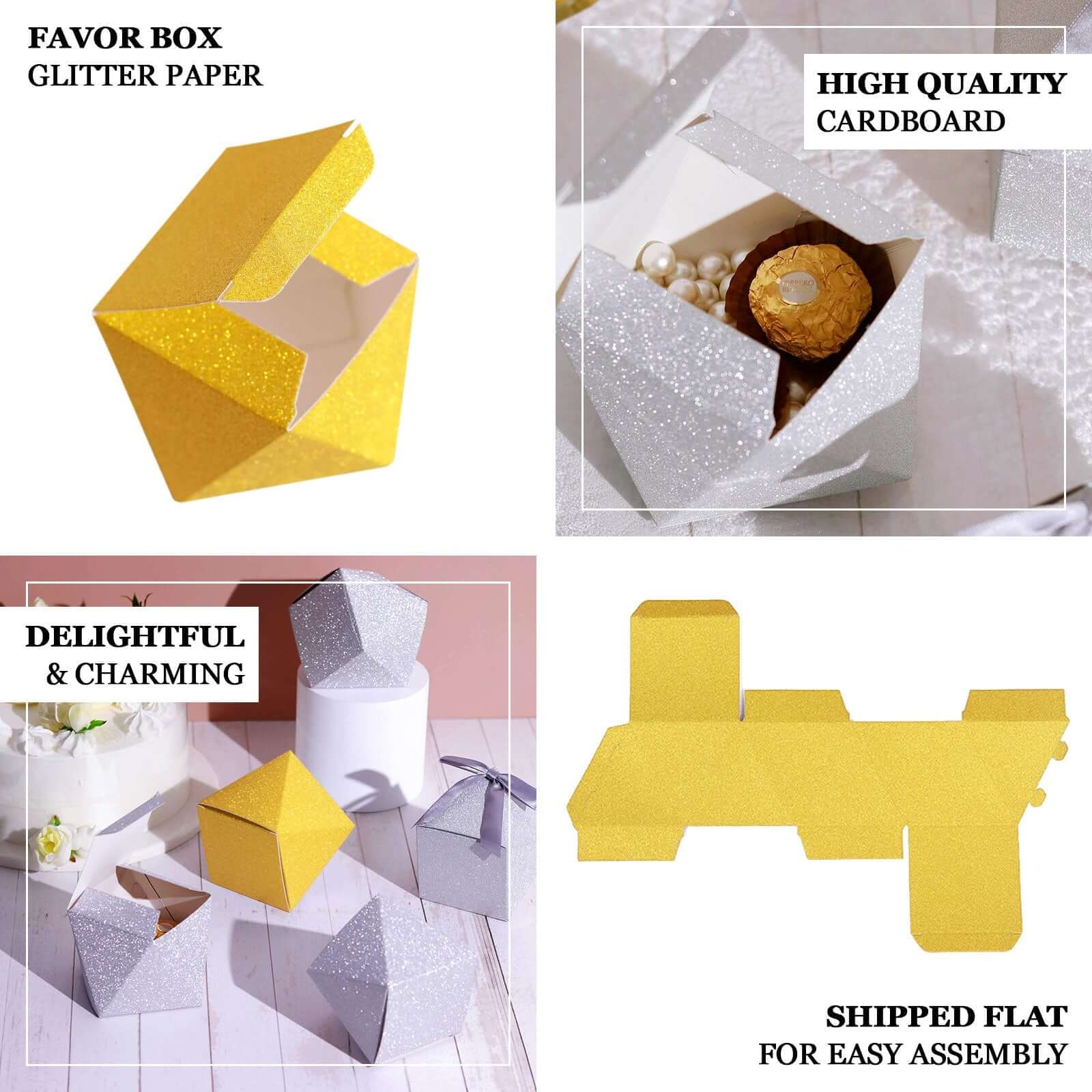 25-Pack Gold Glitter Geometric Wedding Favor Candy Gift Boxes