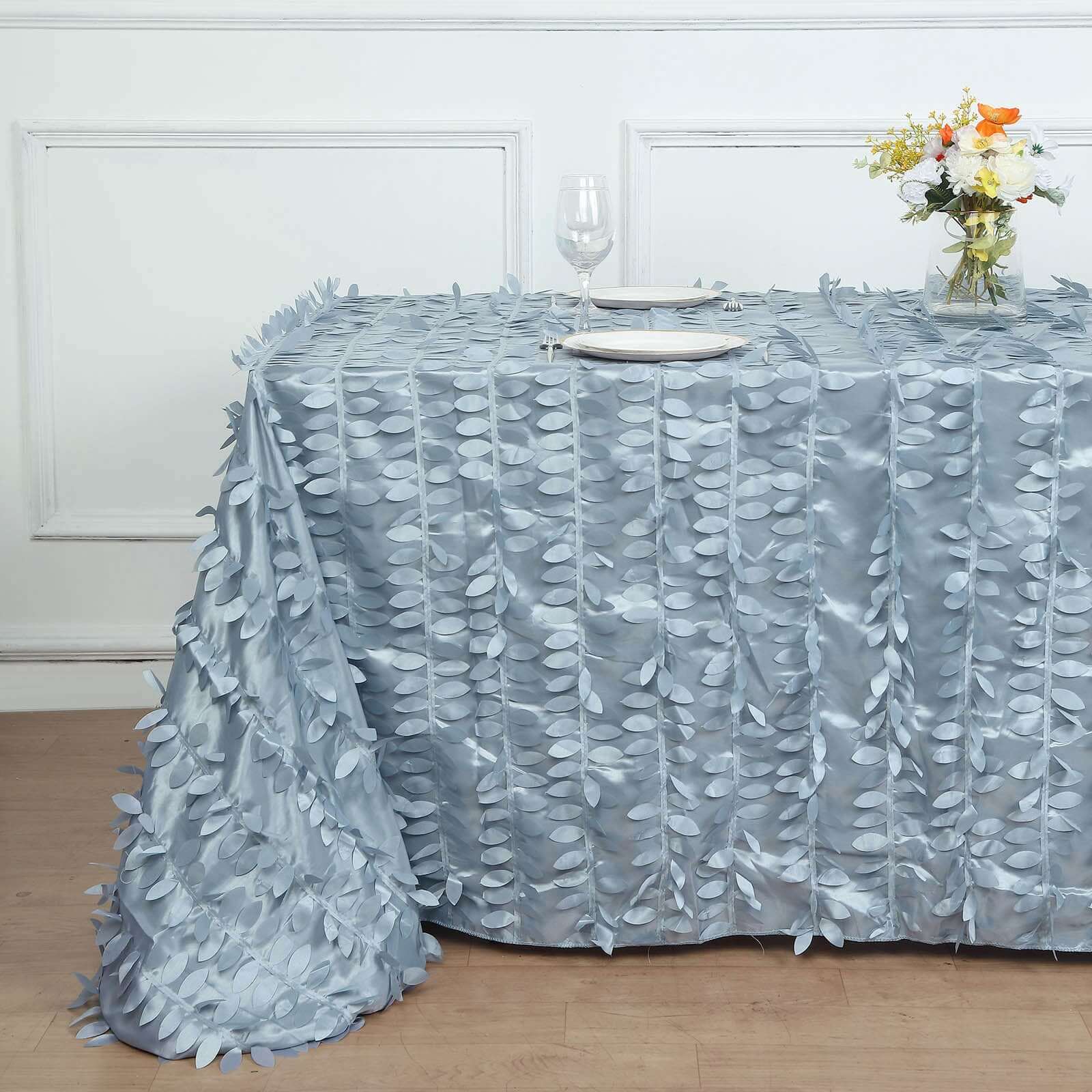 Exclusive Dusty Blue Taffeta Rectangle Tablecloth with 3D Leaf Petal Design