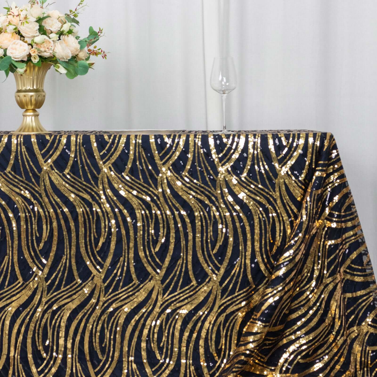 Black/Gold Sparkly Wave Sequin Embroidered Mesh Rectangle Tablecloth 90x156