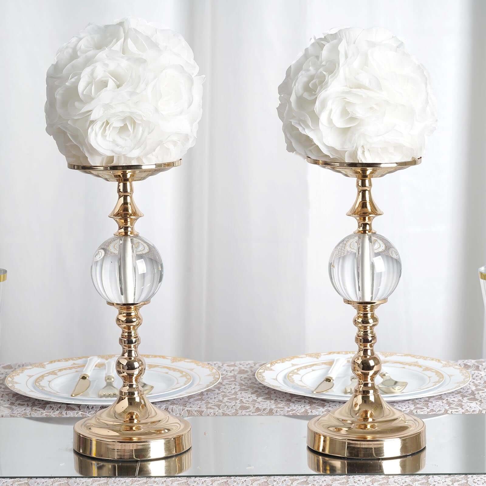 2-Pack Set of 7-Inch White Artificial Silk Rose Kissing Faux Flower Balls