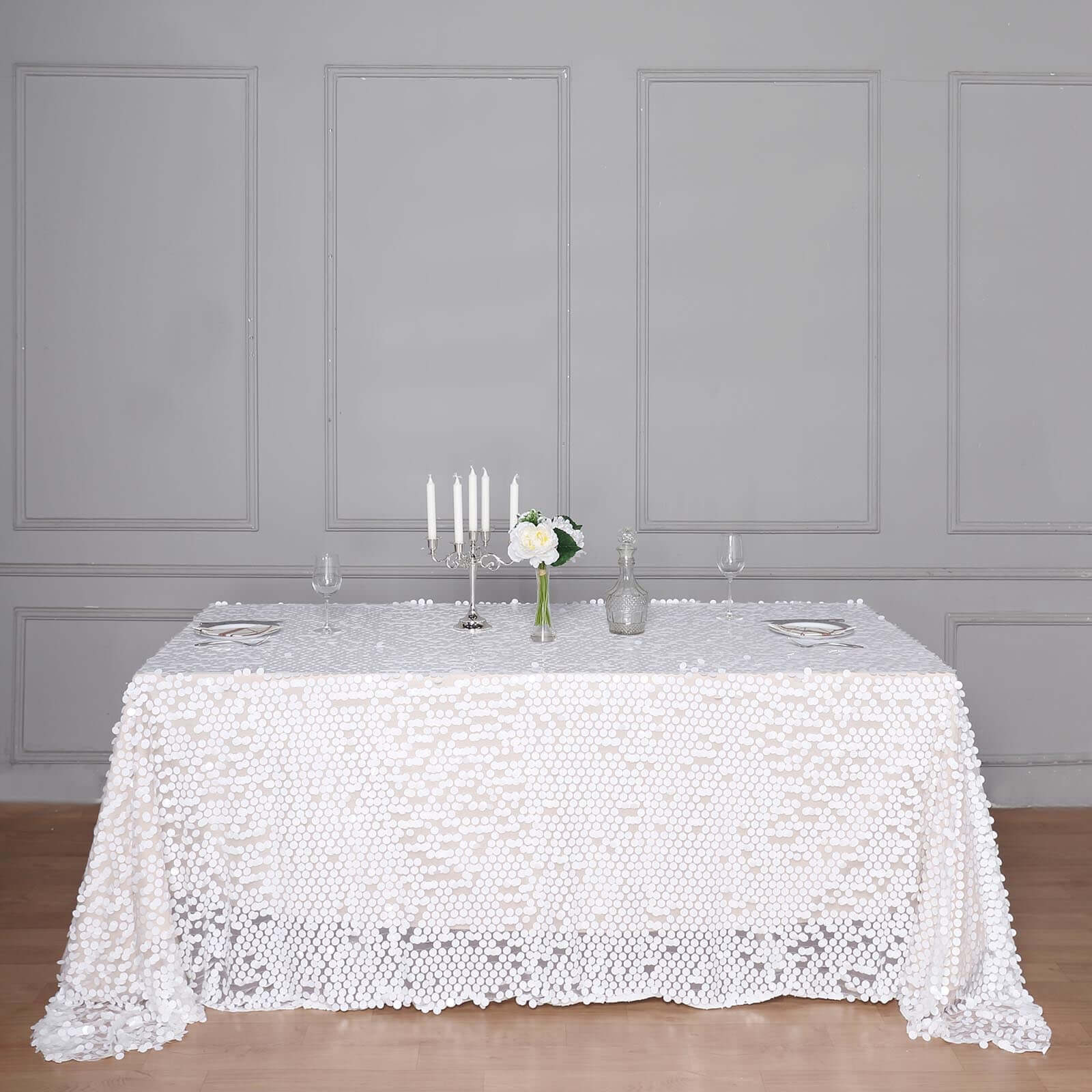 Exclusive Seamless White Sequin Tablecloth, 90x156 Rectangle