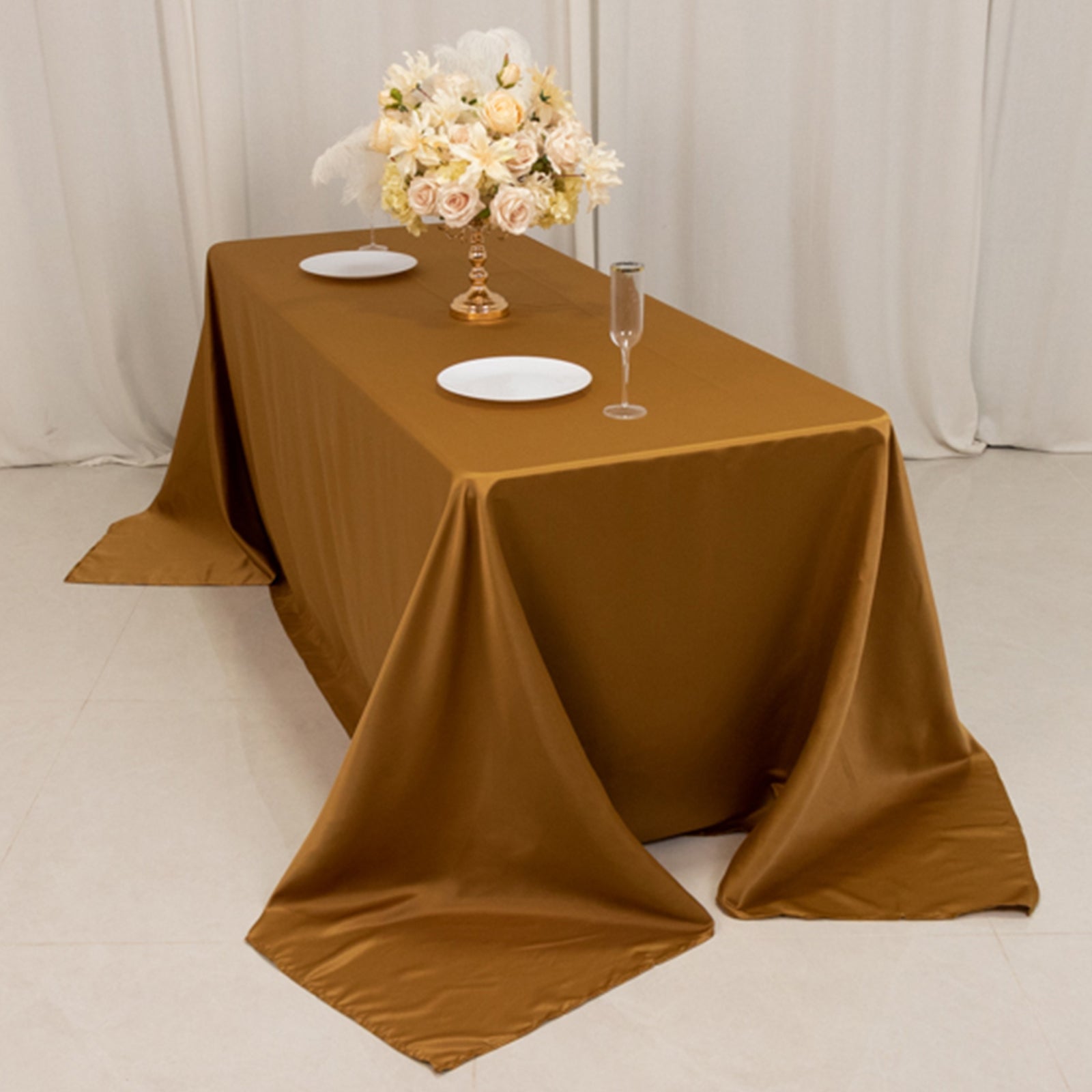 Luxurious Gold Lamour Satin 90x132 Rectangle Seamless Tablecloth for Weddings and Parties