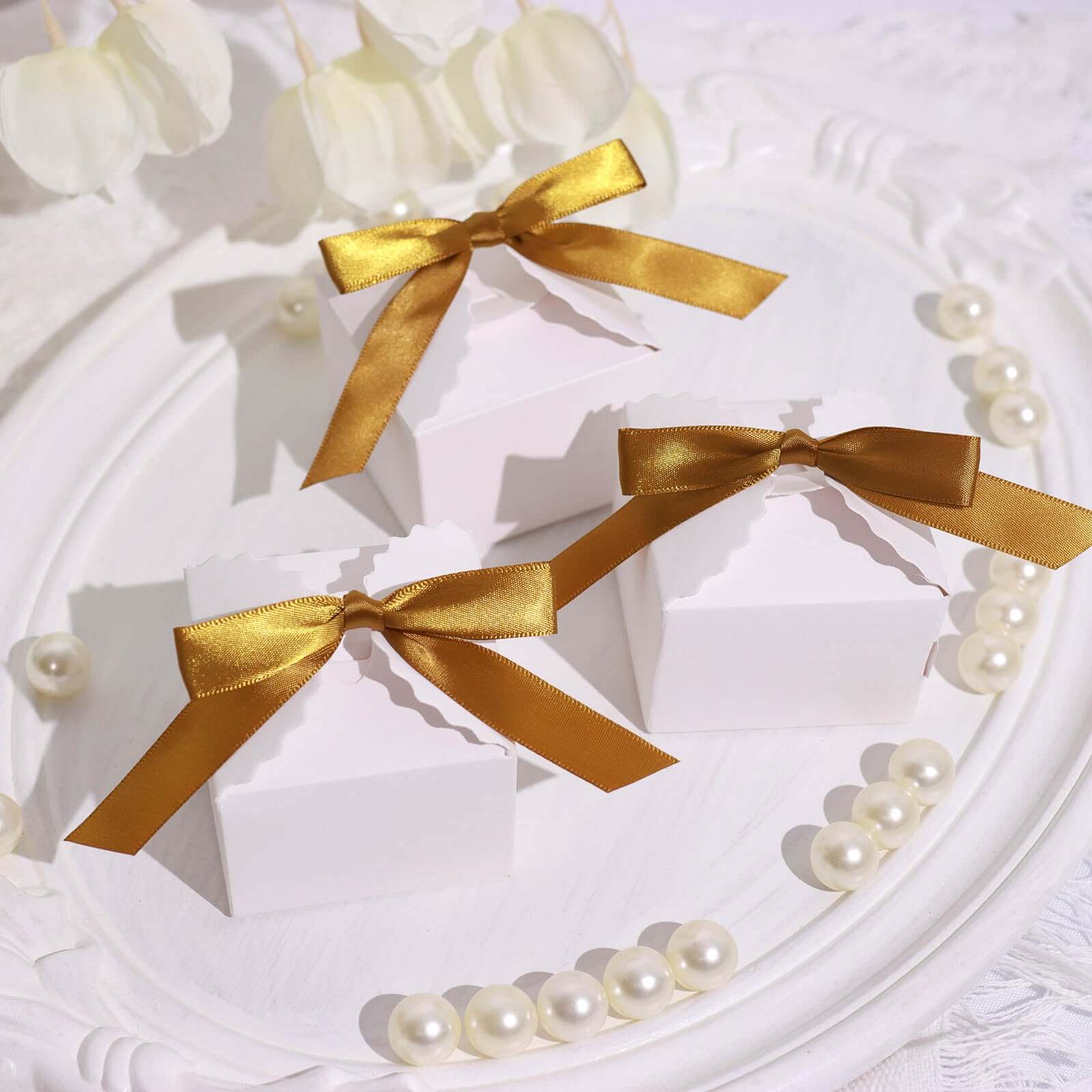 50 Pcs Gold Satin Ribbon Bows with Twist Ties - Ideal for Party Favors & Gifts