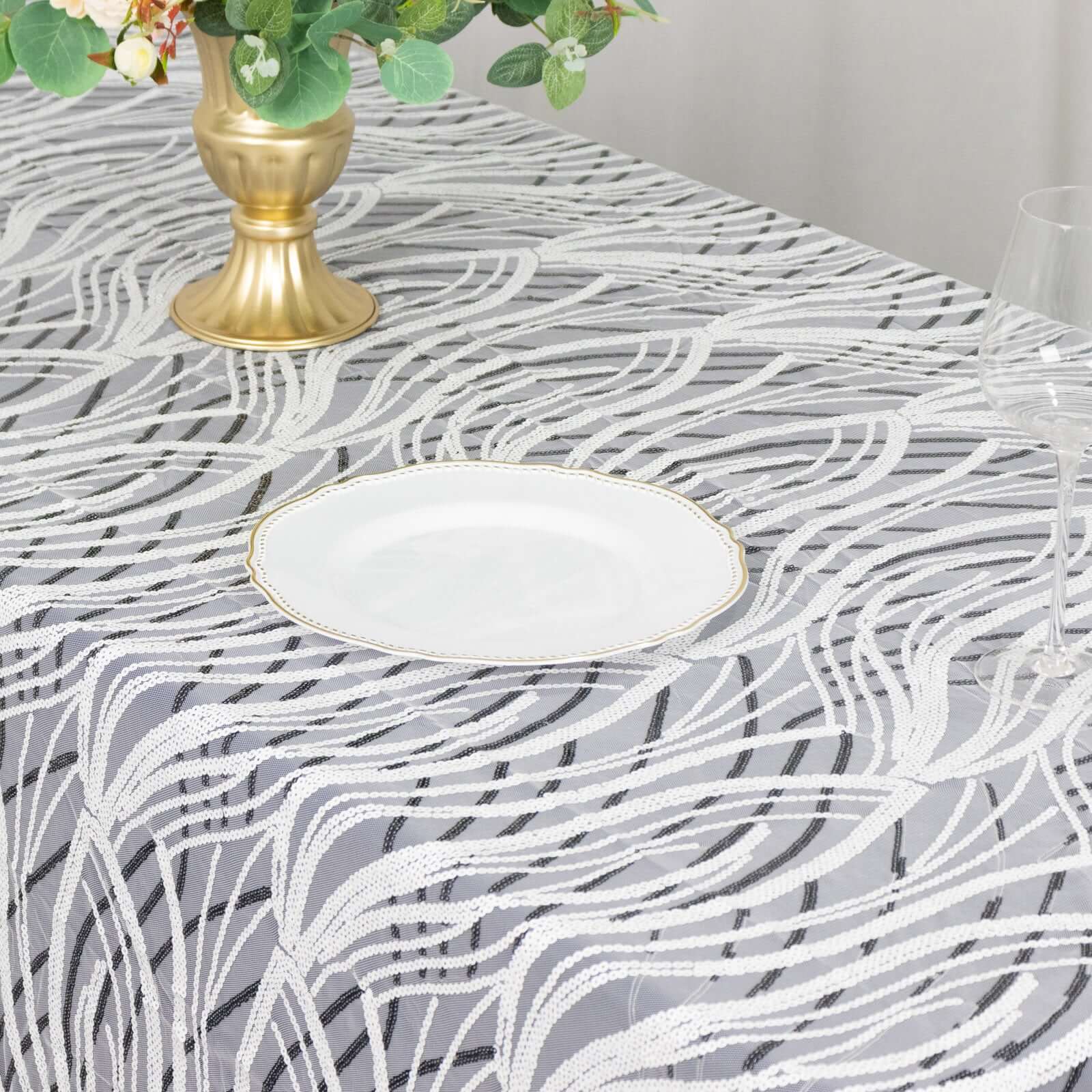 Sparkly Wave Sequin Embroidered White & Black Mesh Rectangle Tablecloth 90x156