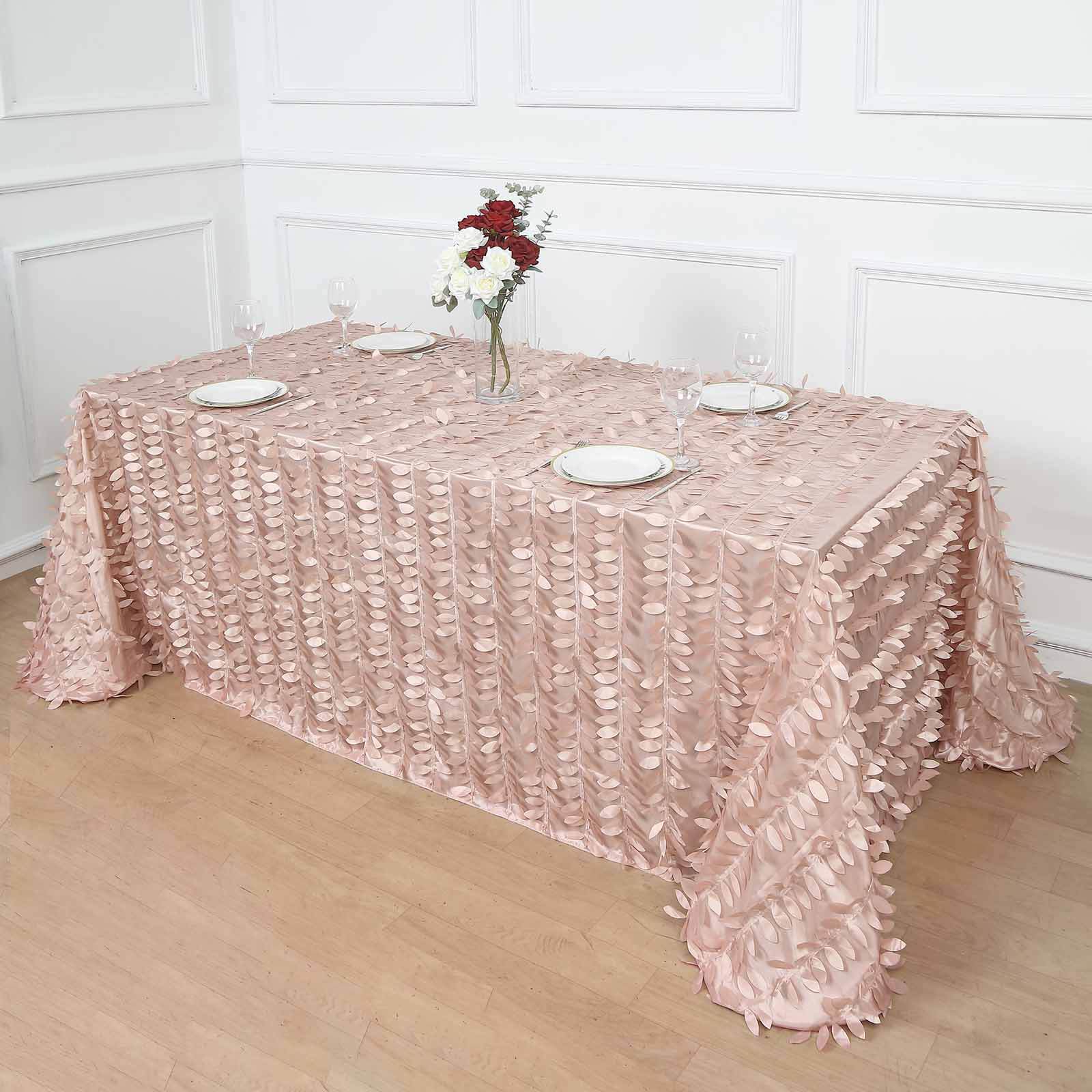 Dusty Rose Taffeta Rectangle Tablecloth 90x132 with 3D Seamless Leaf Petal Design