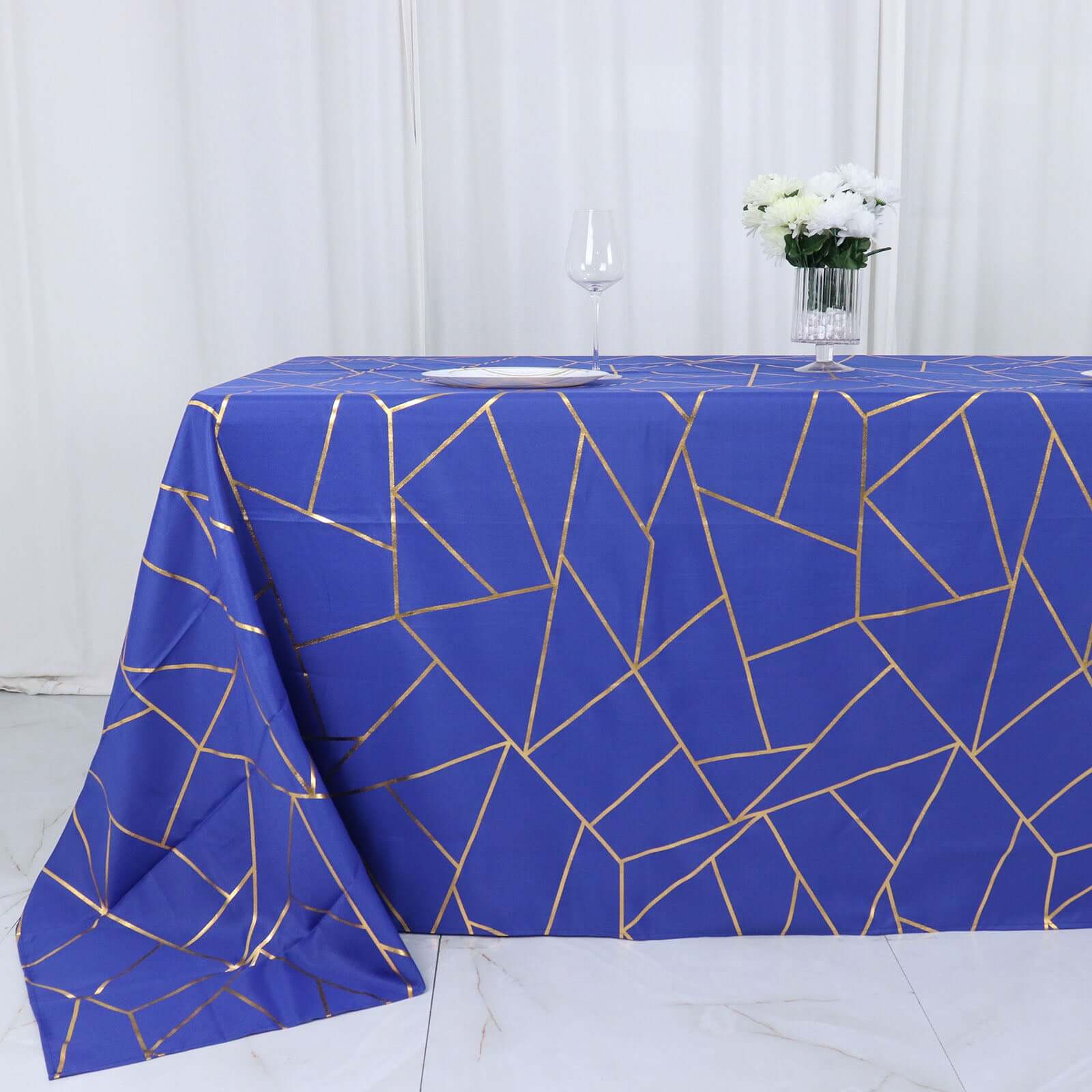 Royal Blue Polyester Tablecloth with Gold Foil Geometric Pattern - Wrinkle-Resistant for Events