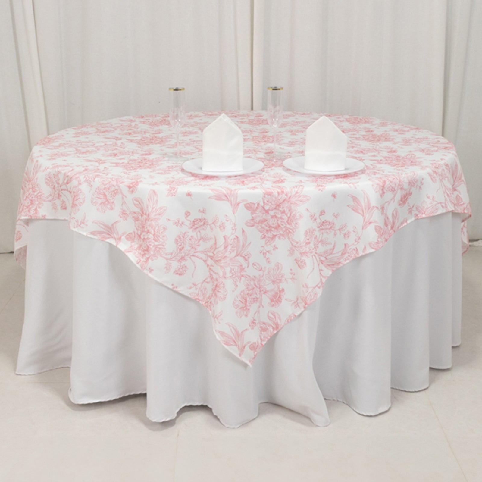 Exclusive Polyester 70x70 Square Table Overlay in White - Pink French Toile Pattern for Elegant Gatherings