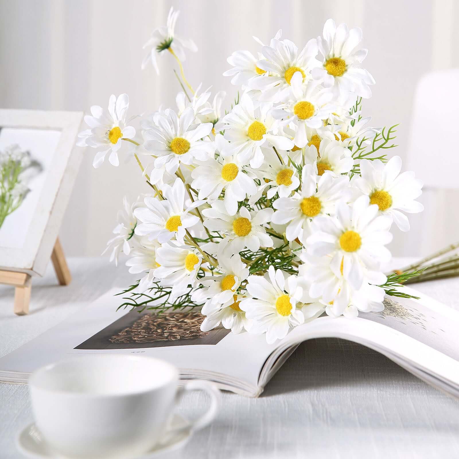 6-Bush White Artificial Silk Daisy Flower Stem Bouquet for Decor