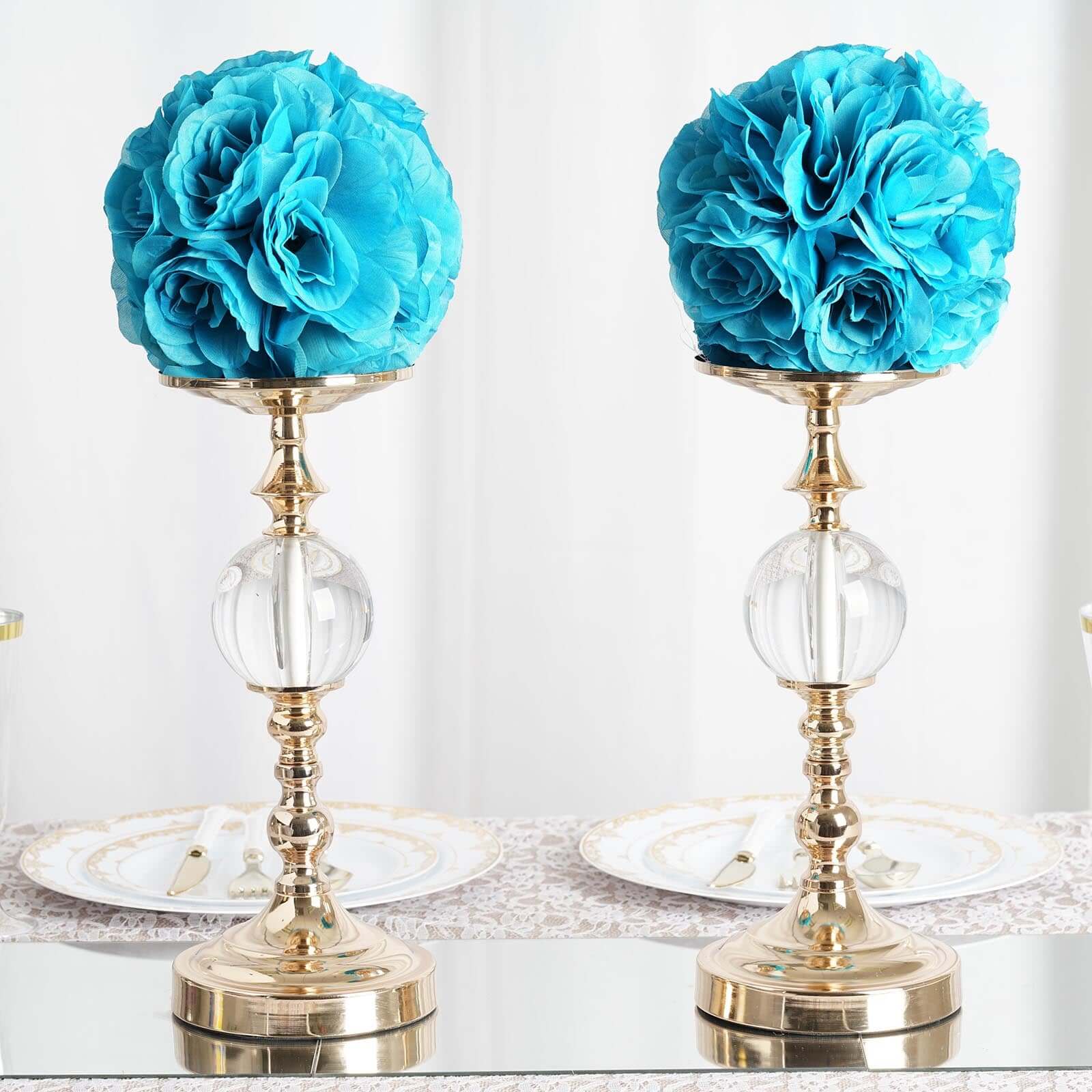 2-Pack 7-Inch Turquoise Artificial Silk Rose Kissing Balls, Ideal Faux Flower Decor