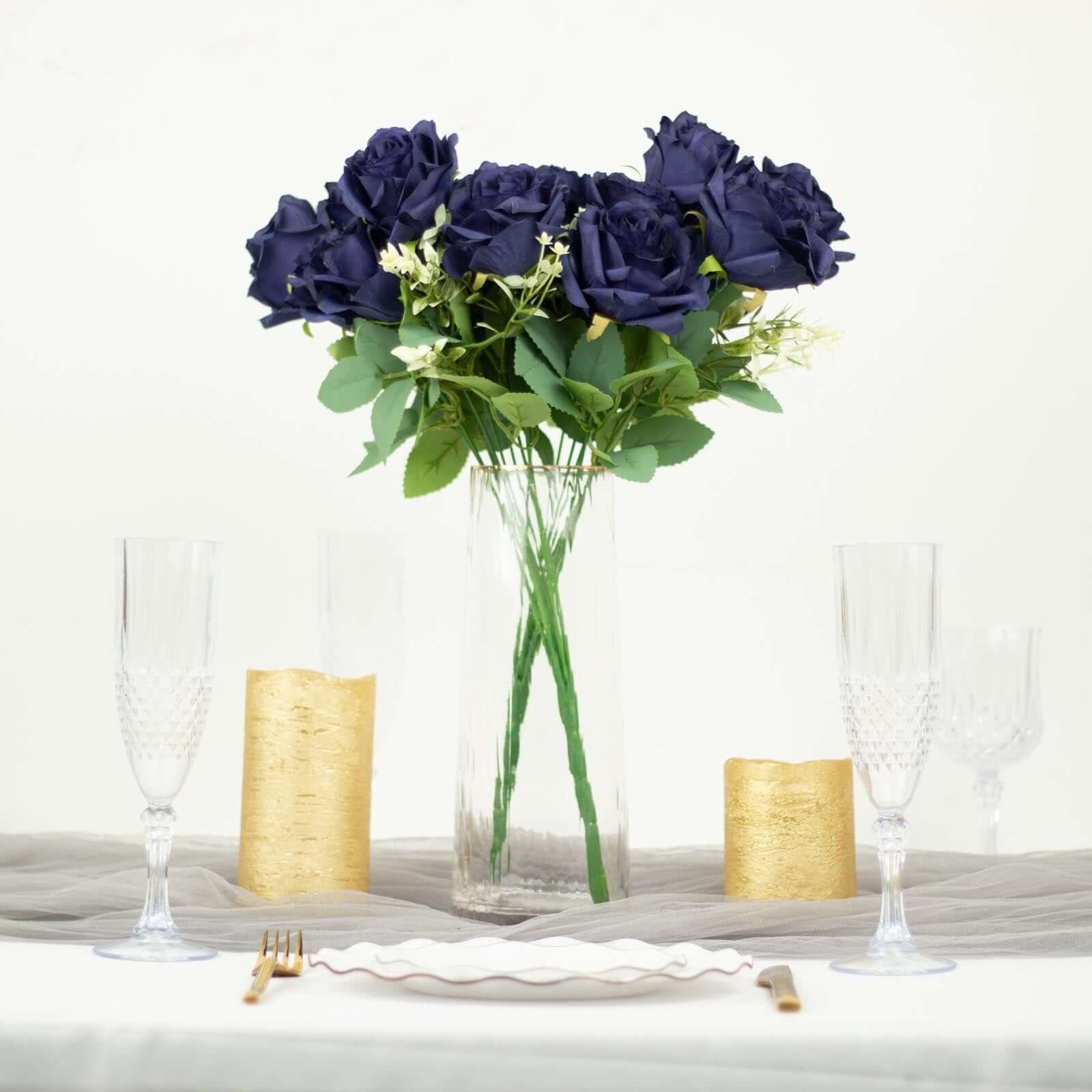 Hot Deal! 2 Bushes of 18 Realistic Navy Blue Artificial Silk Rose Flower Bouquets for Decor