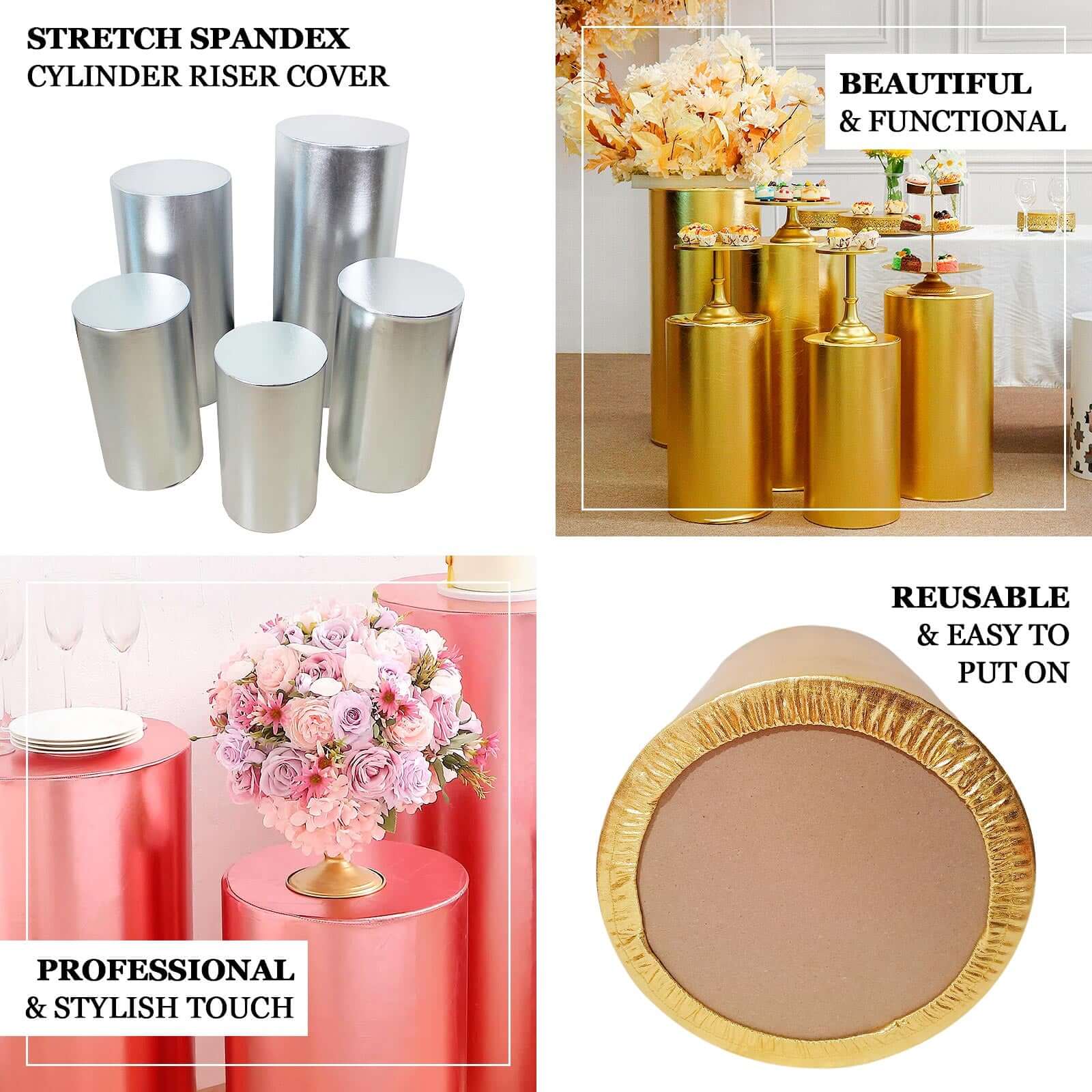 Special Offer! Set of 5 Shiny Metallic Gold Spandex Cylinder Pedestal Stand Covers - 130 GSM