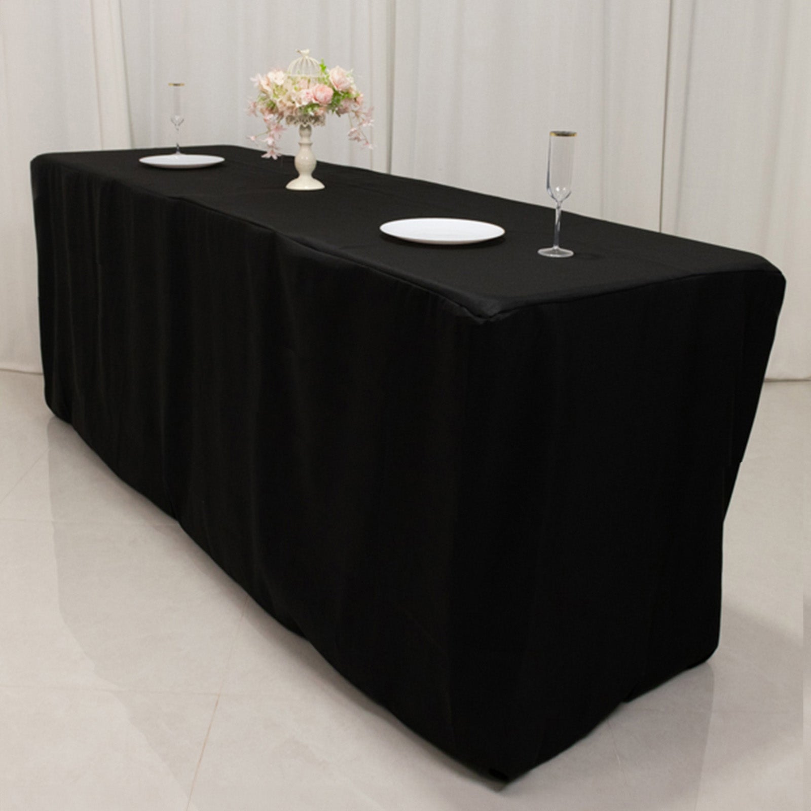 Premium Black Fitted Polyester Rectangle Tablecloth - Ideal for 8ft Tables, Durable & Stain-Resistant