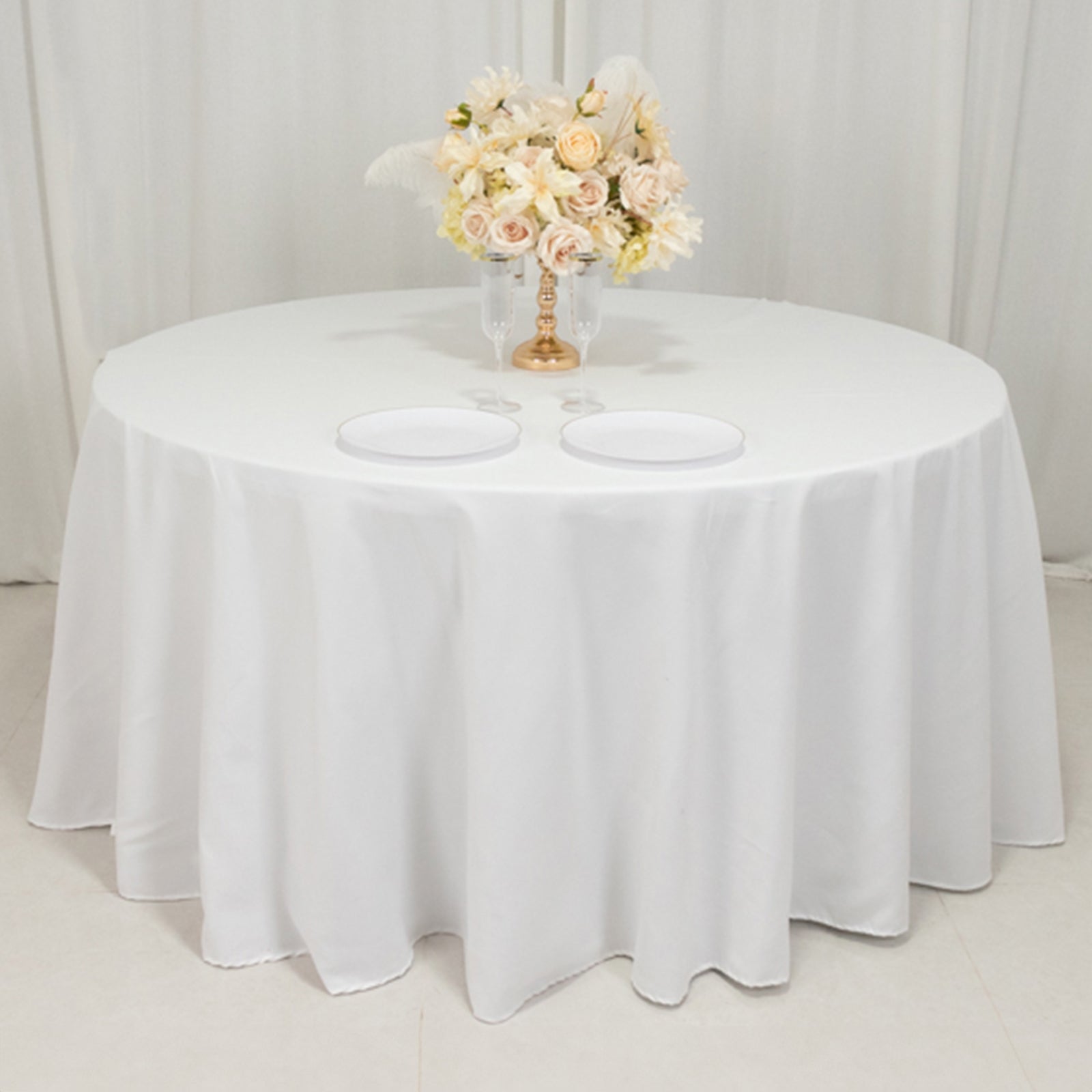 White 120" Cotton Blend Round Tablecloth: Seamless & Wrinkle-Resistant for Upscale Events