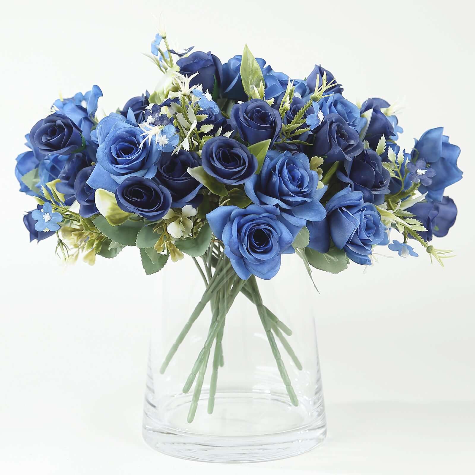 12-Inch Navy Blue Real Touch Artificial Silk Rose Flower Bouquet with 4 Bushes