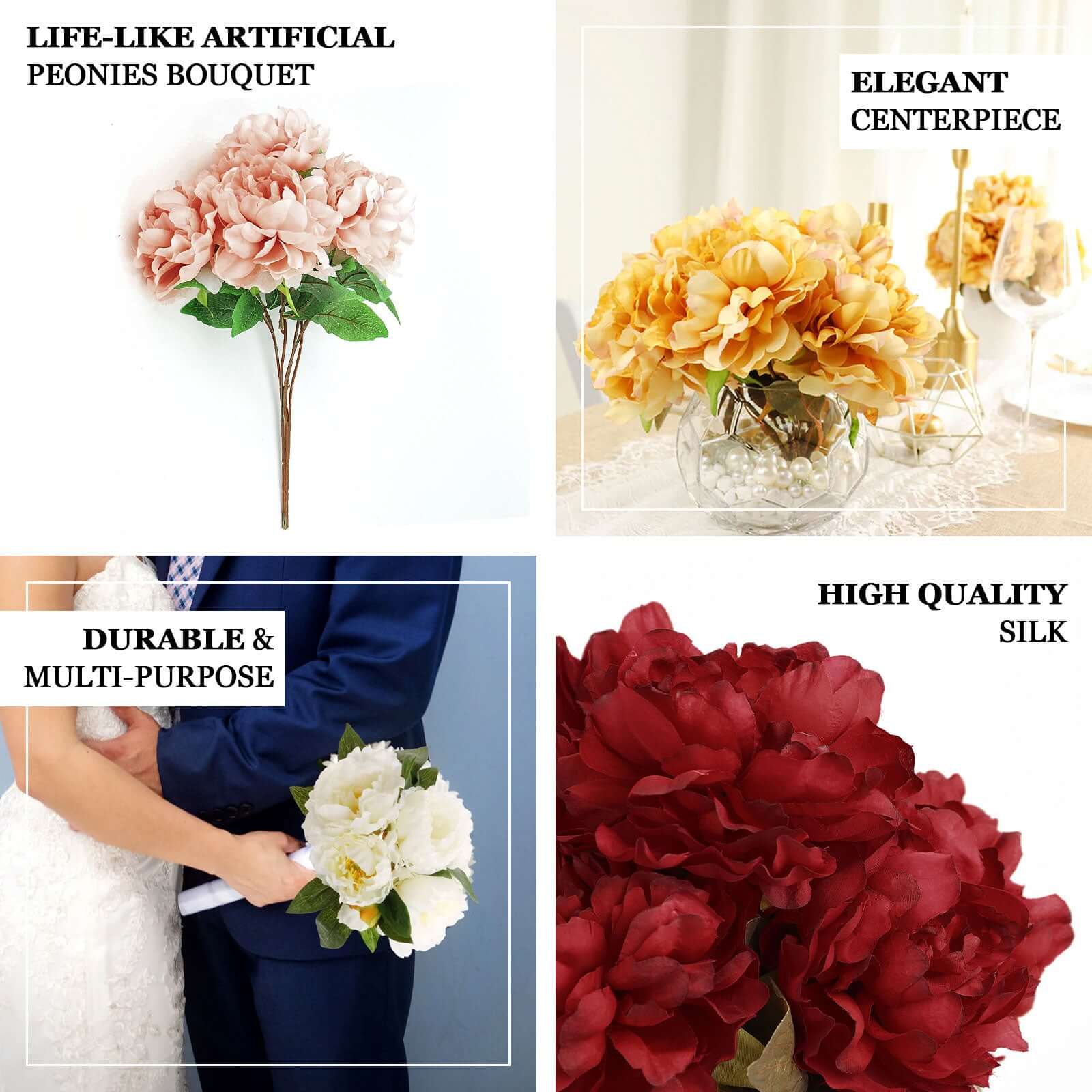 2 Pack of 17-Branch Blush Artificial Silk Peony Flower Bouquets, Realistic Touch
