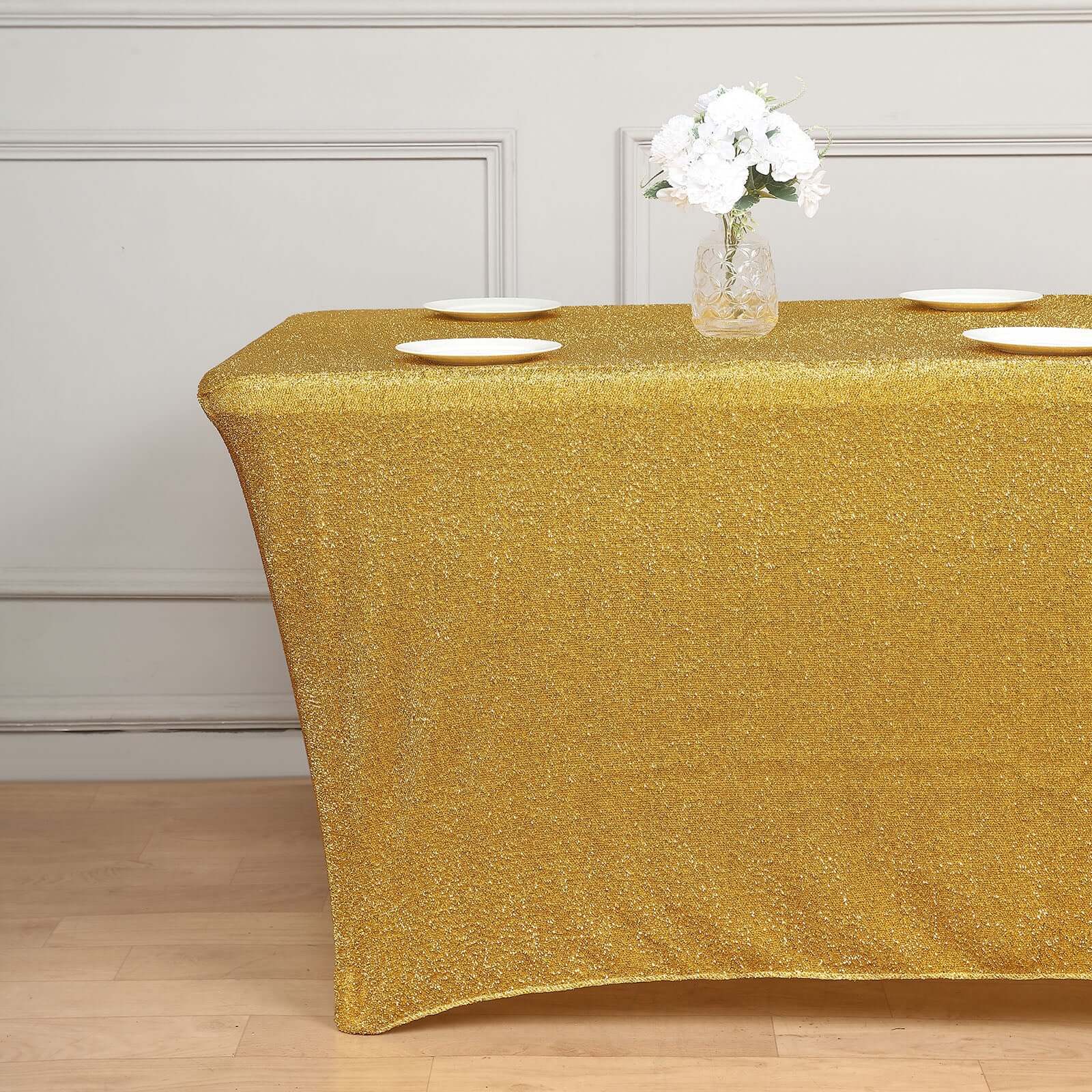 Hot Sale! Metallic Gold Glittered Stretch Spandex Tablecloth for Event Decor, 72x30 Rectangle