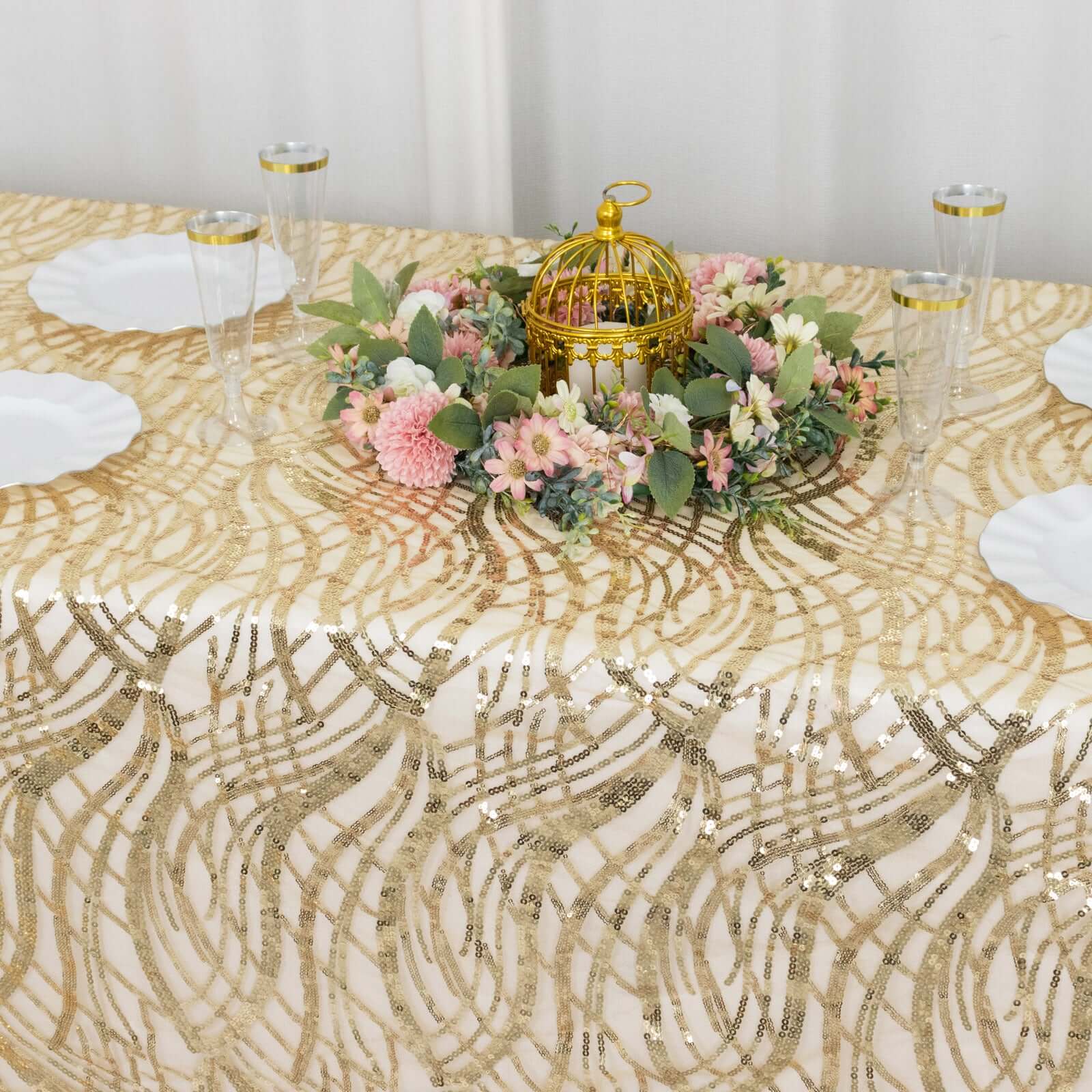 Champagne Sequin-Embroidered Mesh Rectangle Tablecloth 90x156 with Wave Pattern